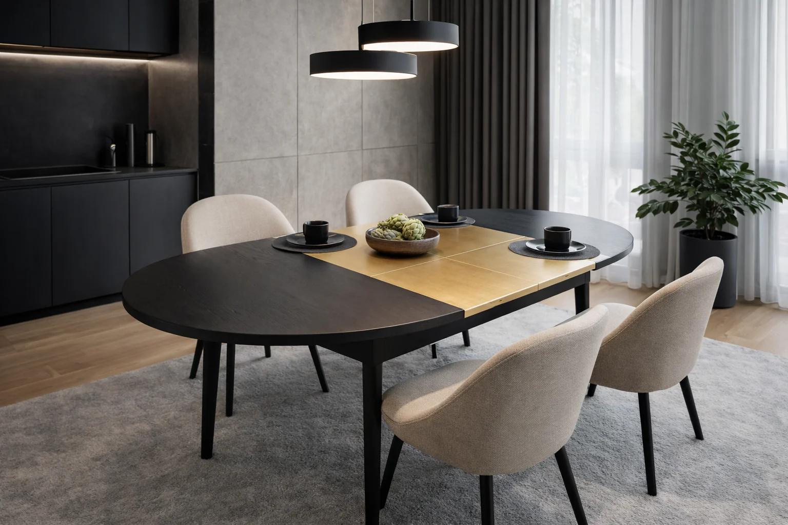 Extendable Mango Wood Dining Table Black Top 140-200cm – Brenda Brass Detail