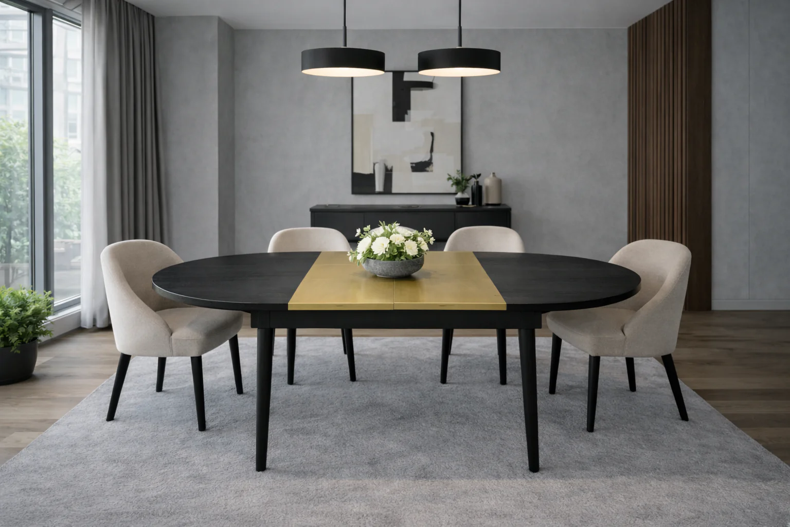 Extendable Mango Wood Dining Table Black Top 140-200cm – Brenda Brass Detail - Image 2