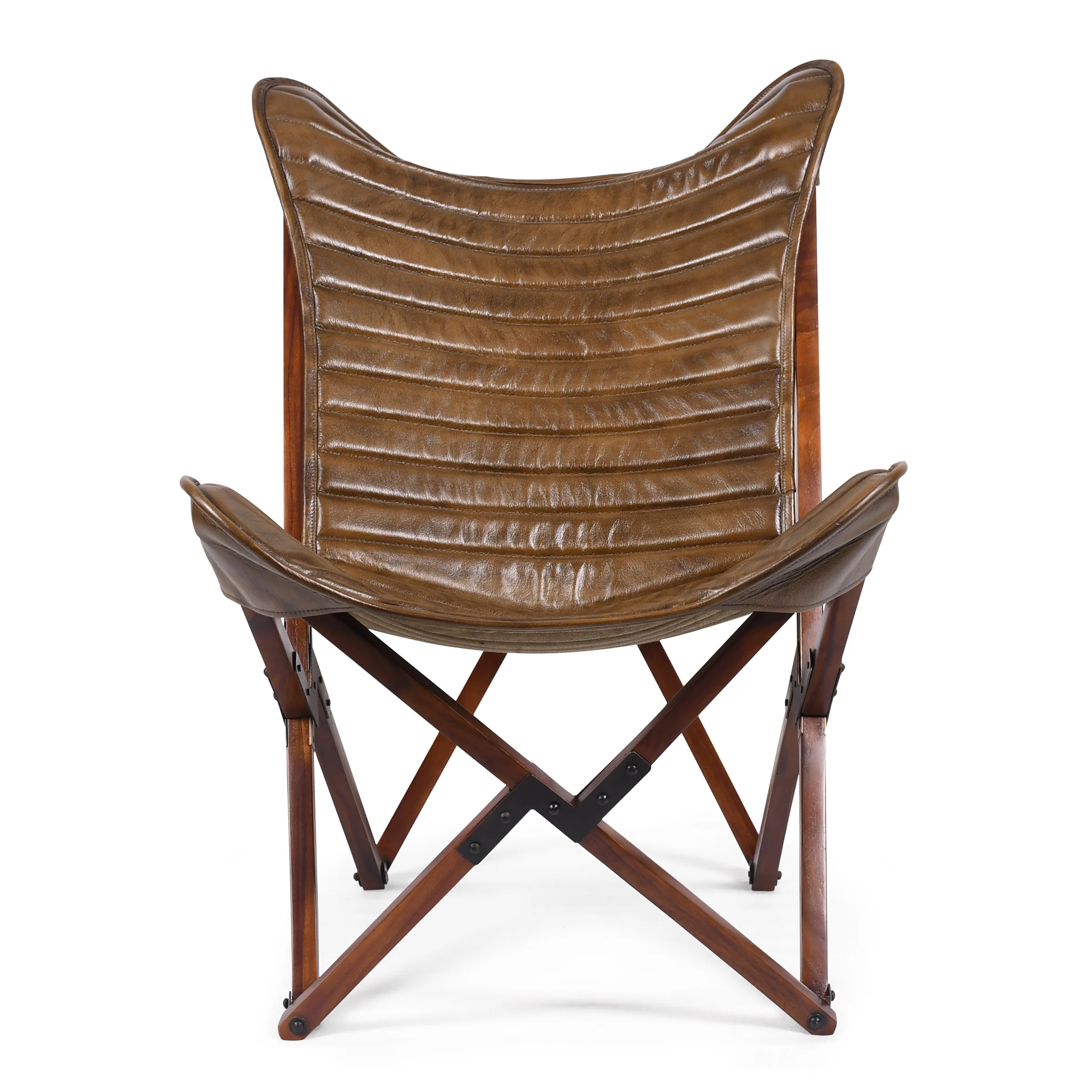 Genuine Leather Butterfly Lounge Chair Antique Brown with Foldable Wooden Frame - Image 2