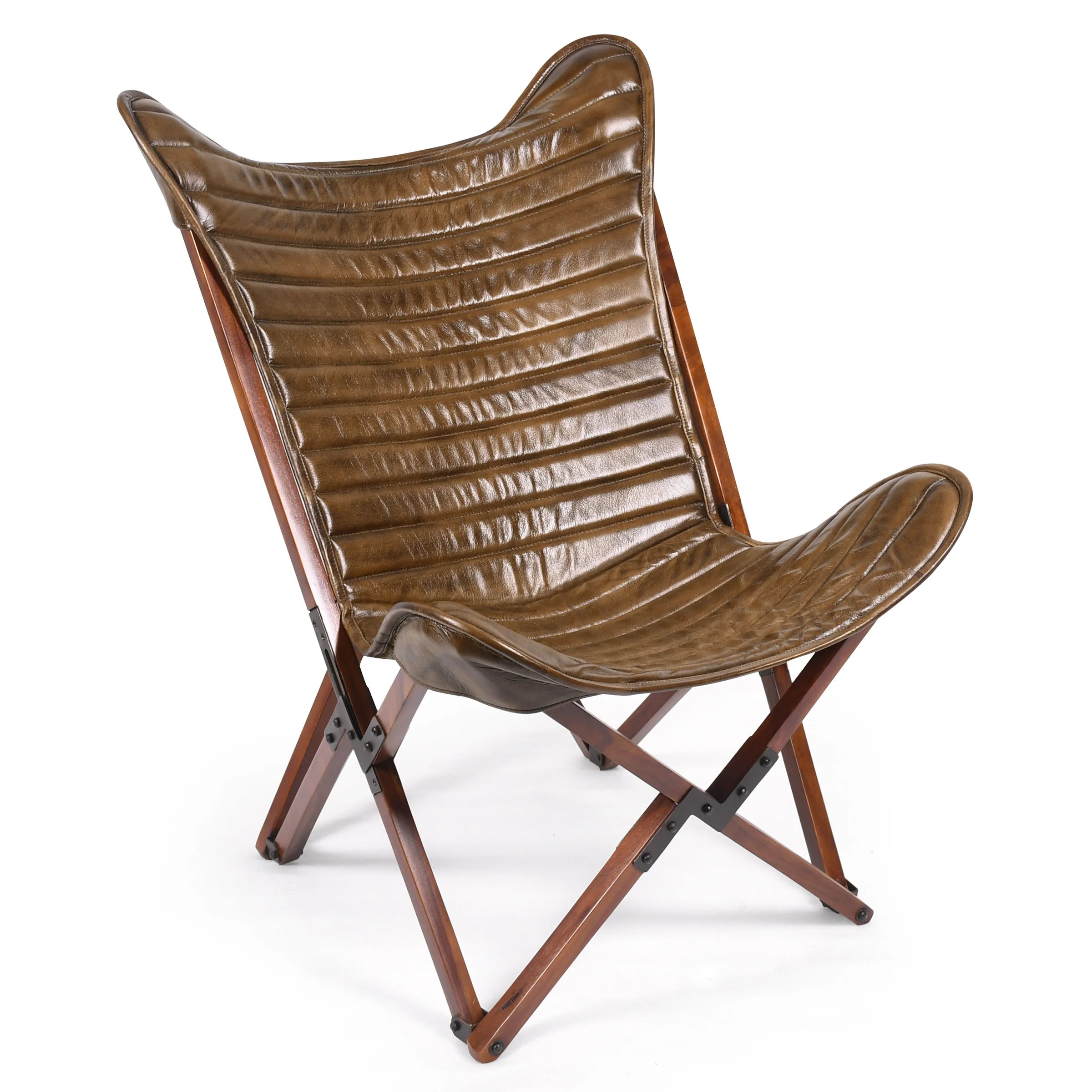 Genuine Leather Butterfly Lounge Chair Antique Brown with Foldable Wooden Frame - Image 3