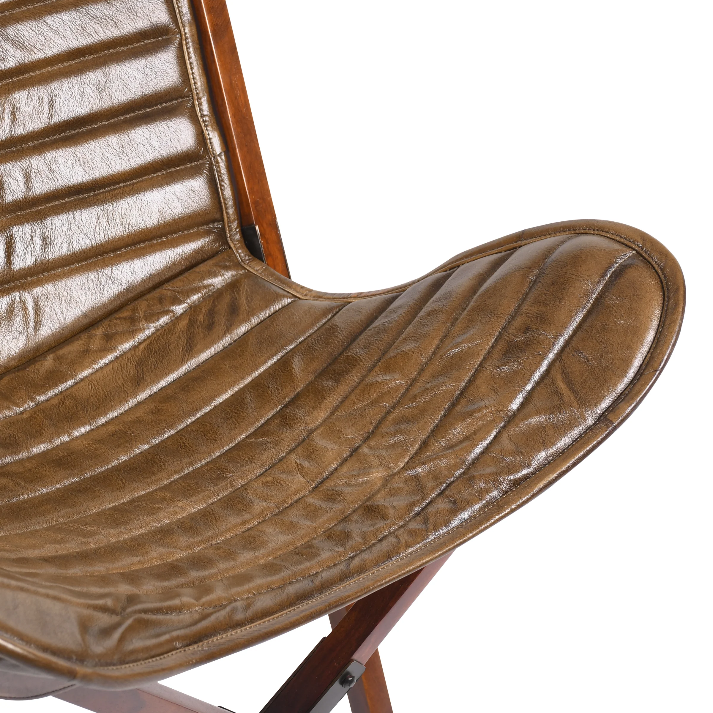 Genuine Leather Butterfly Lounge Chair Antique Brown with Foldable Wooden Frame - Image 4
