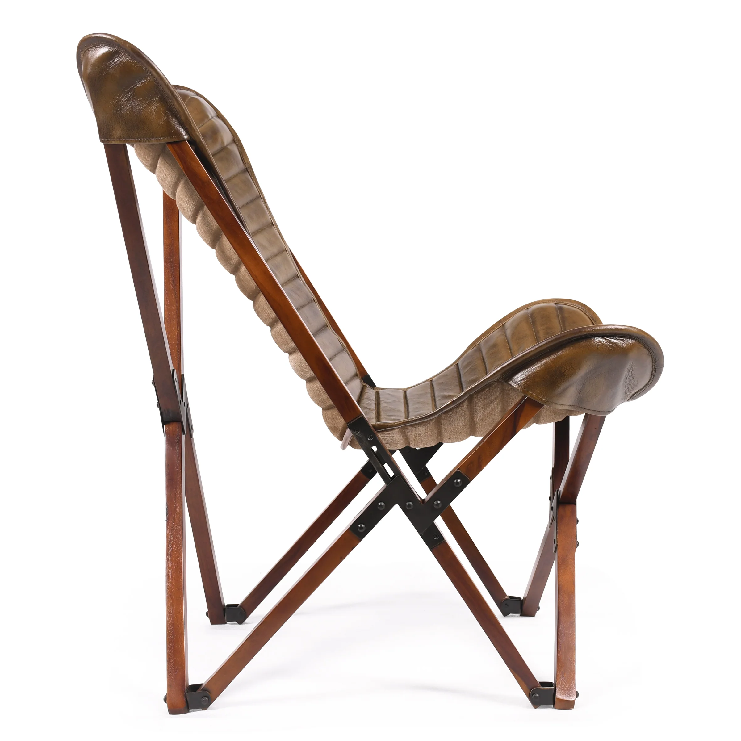 Genuine Leather Butterfly Lounge Chair Antique Brown with Foldable Wooden Frame - Image 5