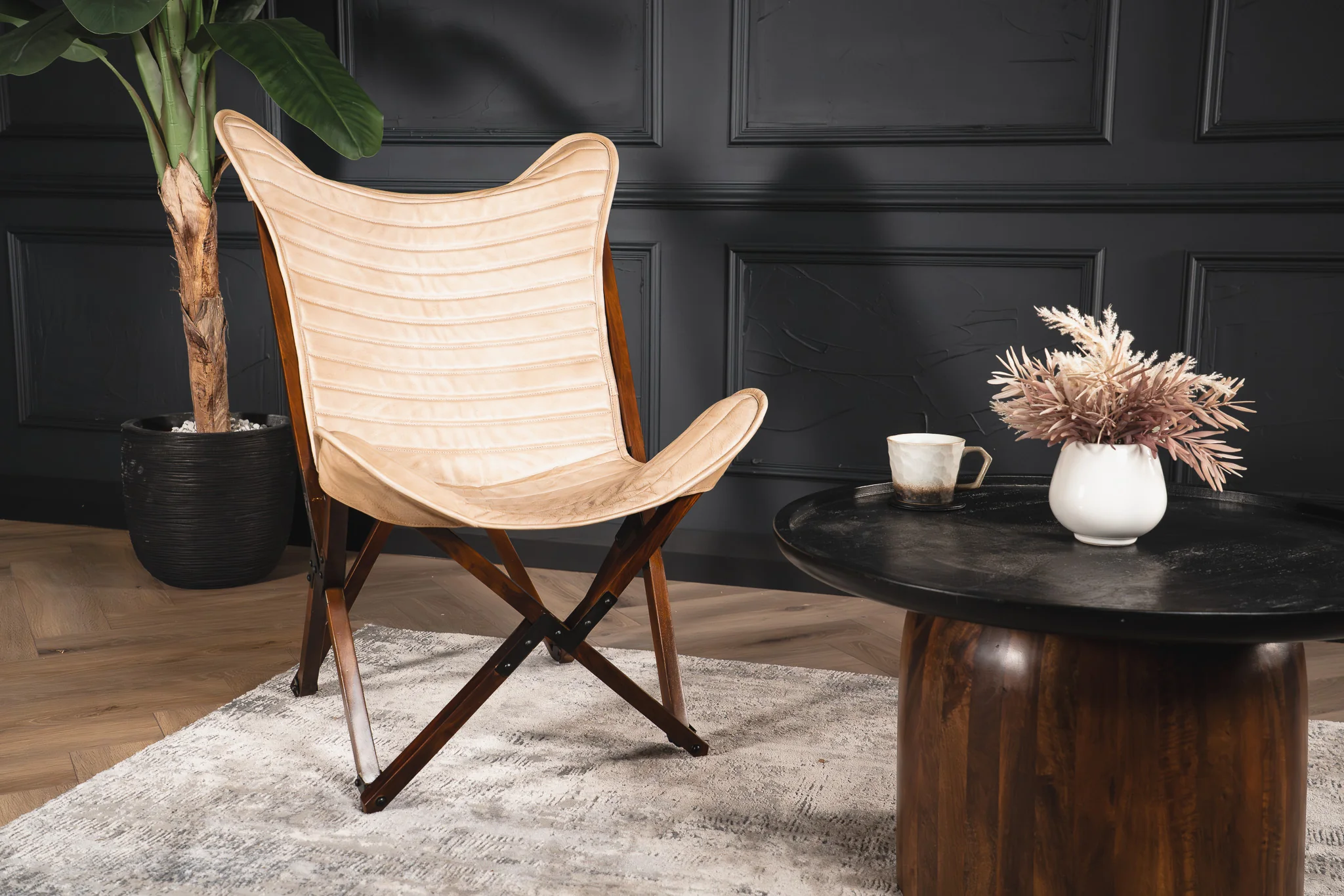 Genuine Leather Butterfly Lounge Chair Beige with Foldable Wooden Frame