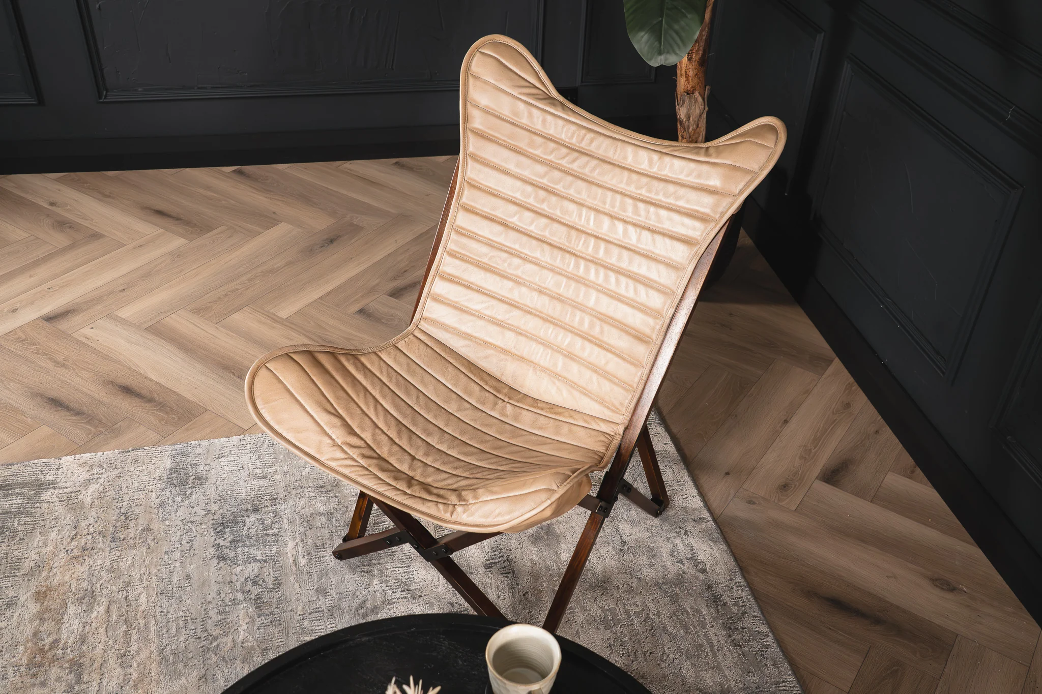 Genuine Leather Butterfly Lounge Chair Beige with Foldable Wooden Frame - Image 2
