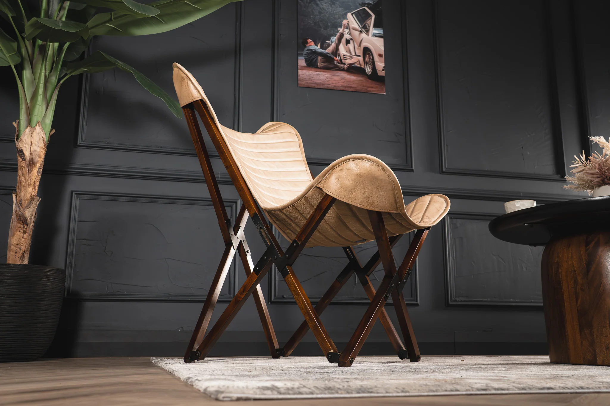 Genuine Leather Butterfly Lounge Chair Beige with Foldable Wooden Frame - Image 6