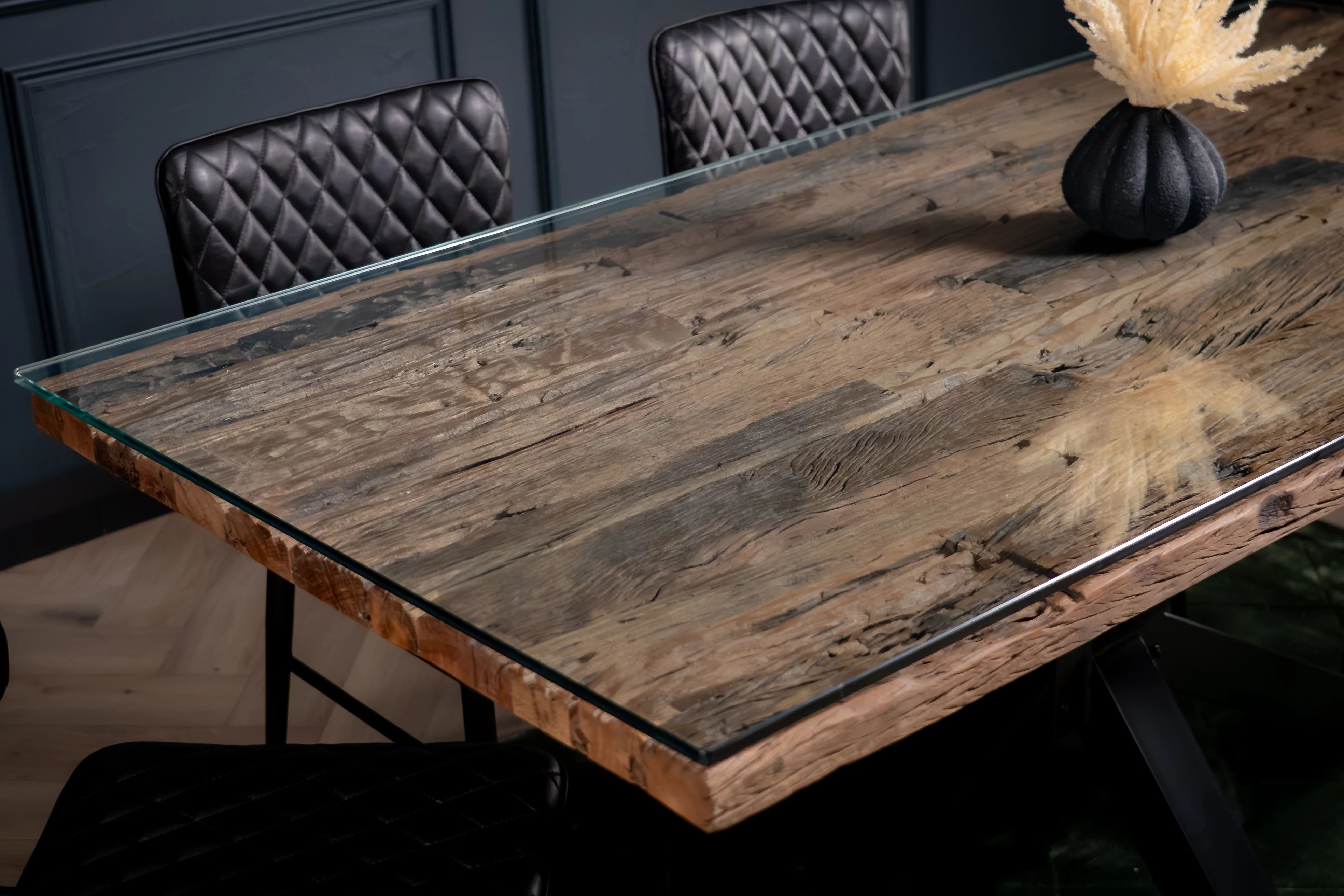 Recycled Wood Dining Table 180cm – Forest Glass Top Spider Frame I 90 cm wide - Image 5