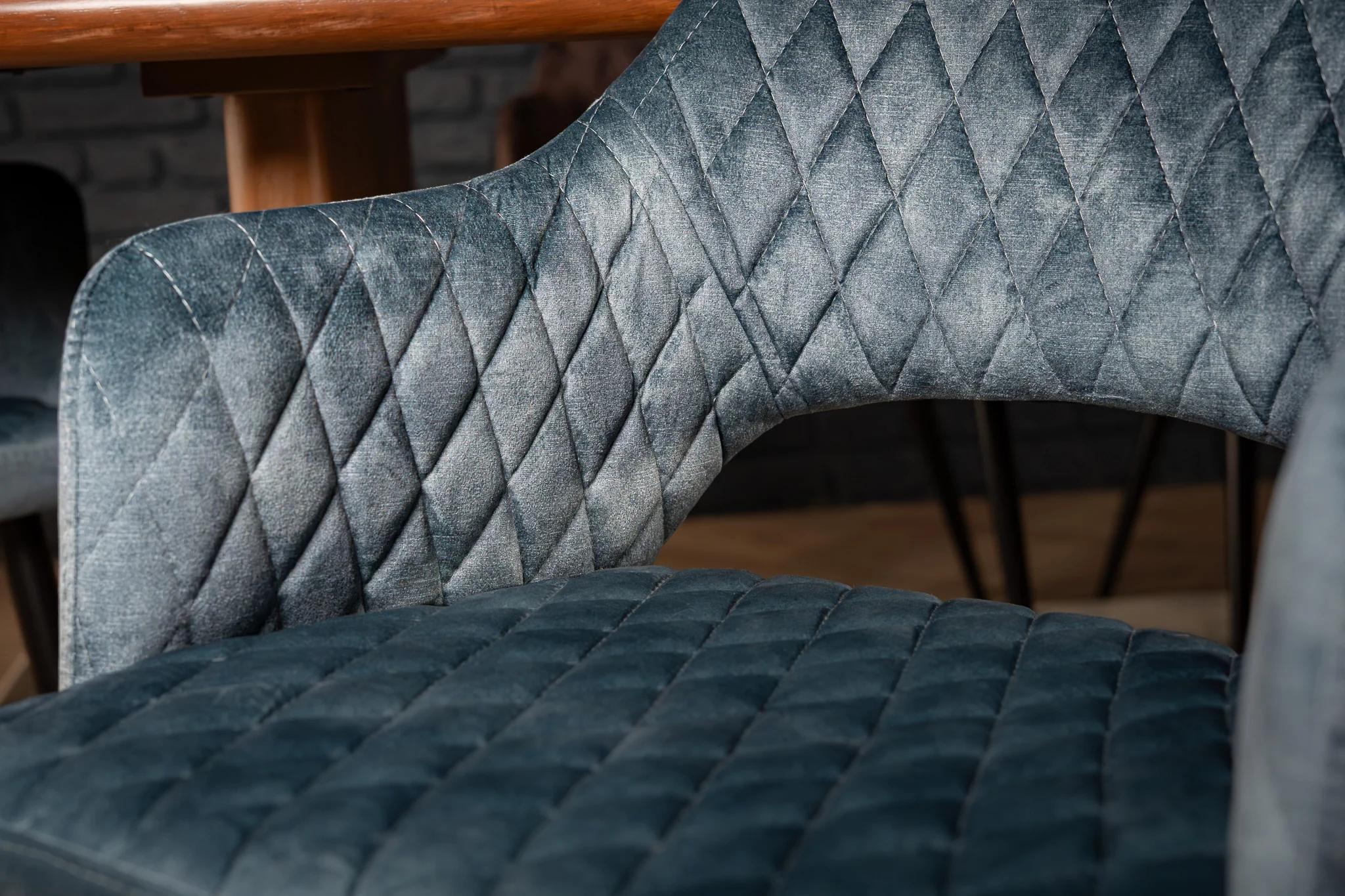 Velvet Dining Chair Petrol Blue Quilted with Black Legs – Glamour - Image 3