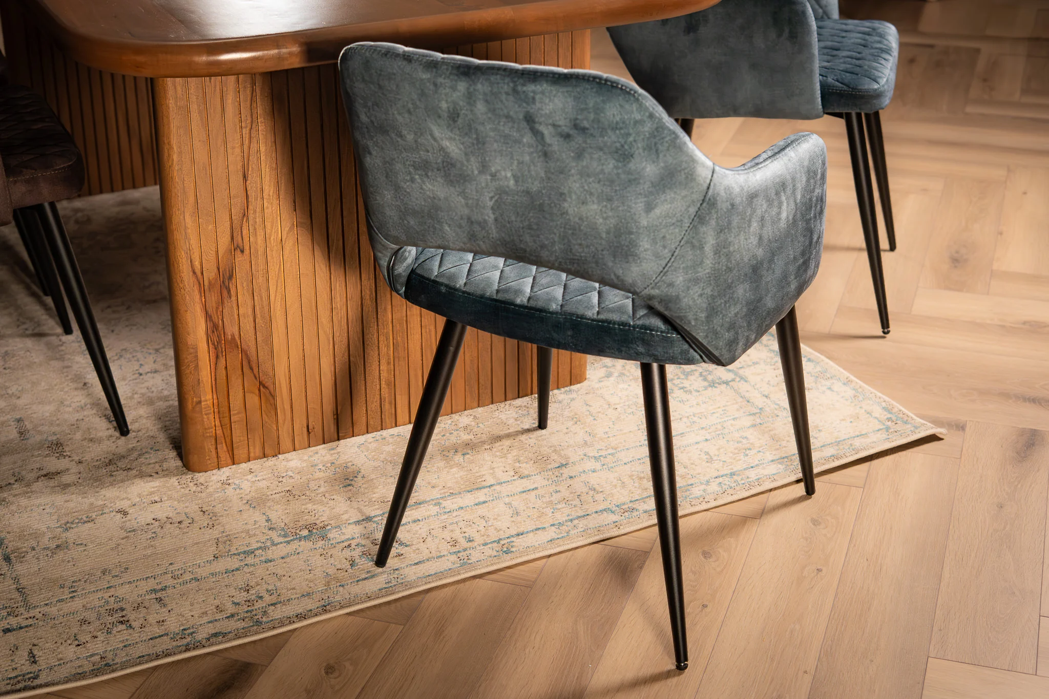 Velvet Dining Chair Petrol Blue Quilted with Black Legs – Glamour - Image 5