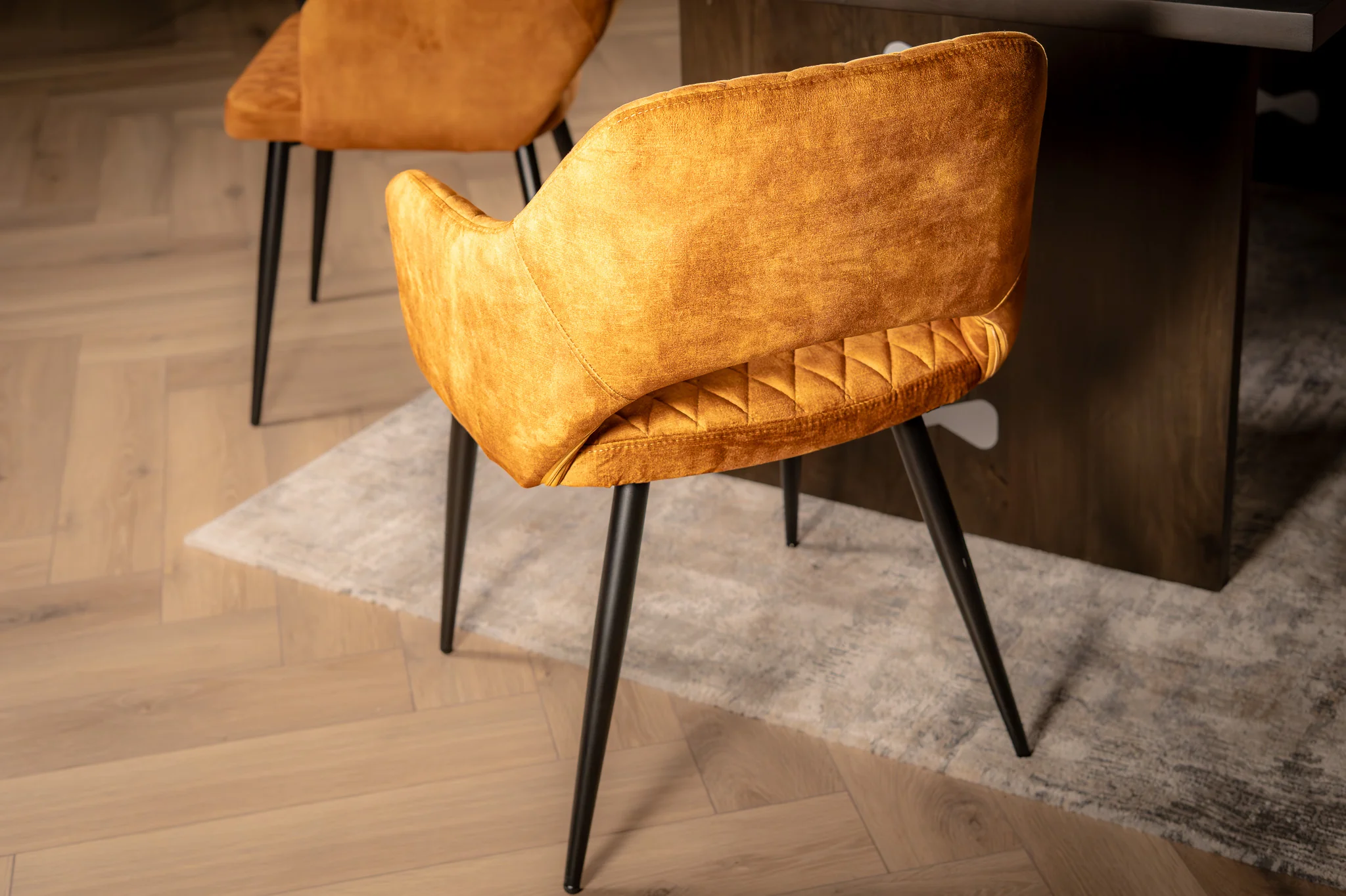 Velvet Dining Chair Mustard Yellow Quilted with Black Legs – Glamour - Image 5