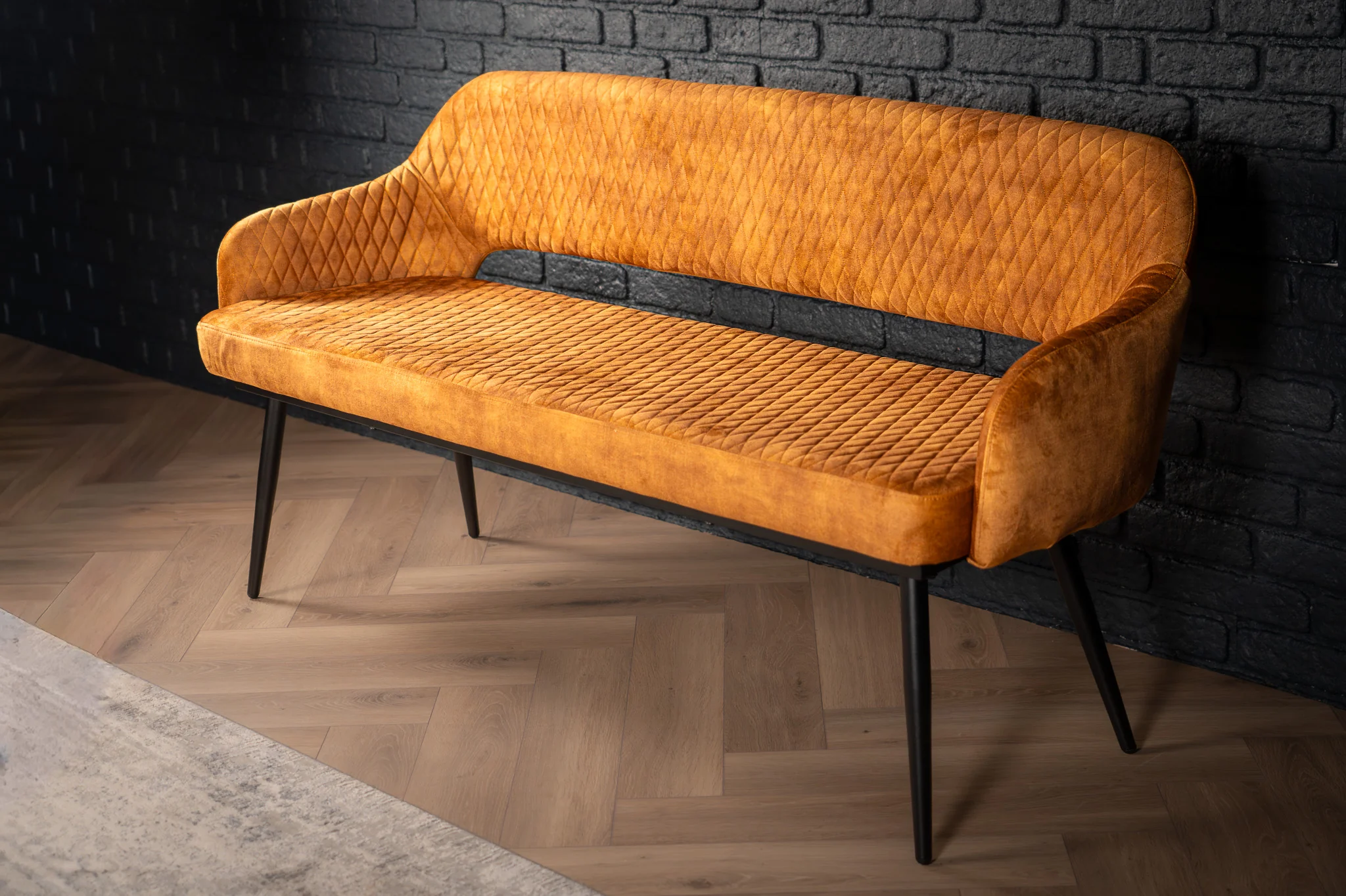 Velvet Bench 160 cm Mustard Yellow with Black Legs – Glamour - Image 3