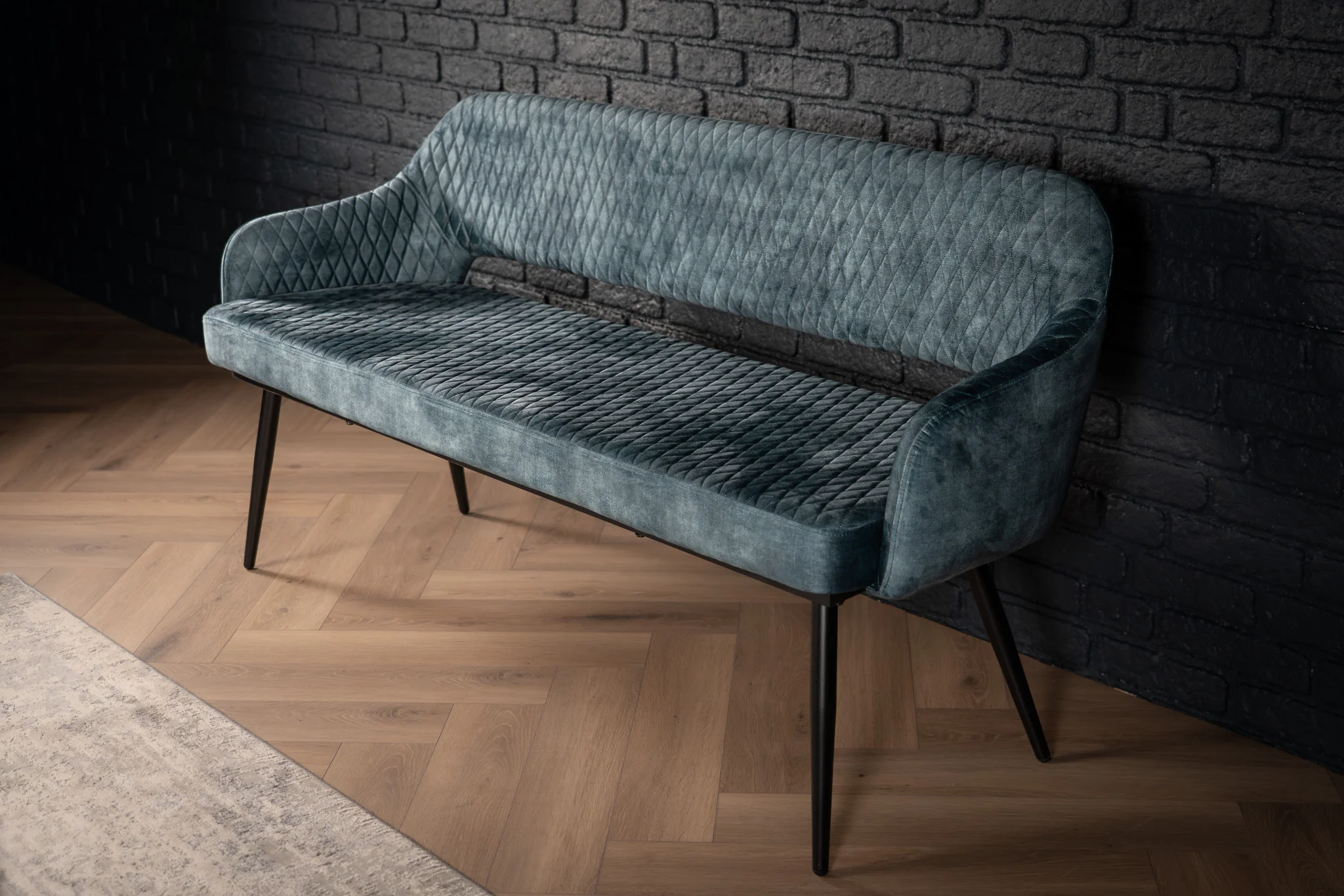 Velvet Bench 160 cm Petrol Blue with Black Legs – Glamour - Image 3