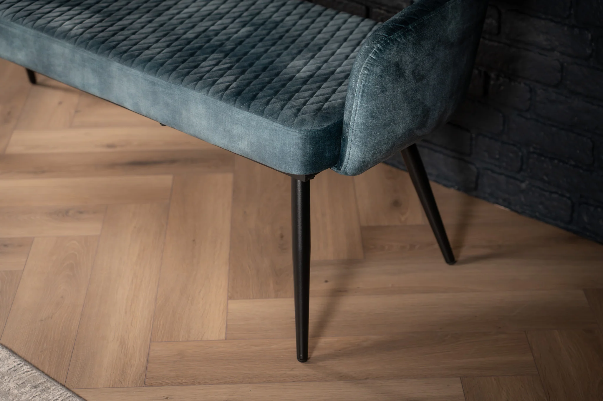 Velvet Bench 160 cm Petrol Blue with Black Legs – Glamour - Image 4