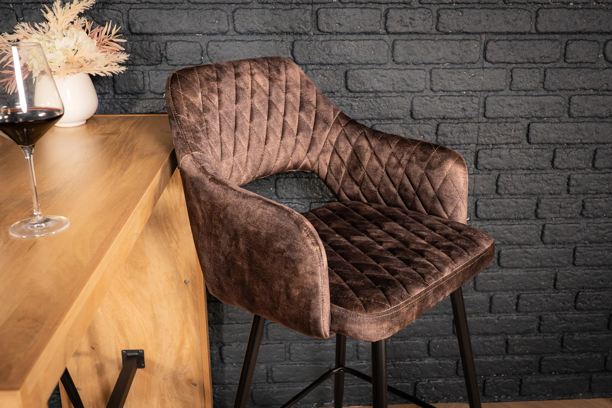 Velvet Bar Stool Grey Brown with Black Legs – Glamour - Image 3