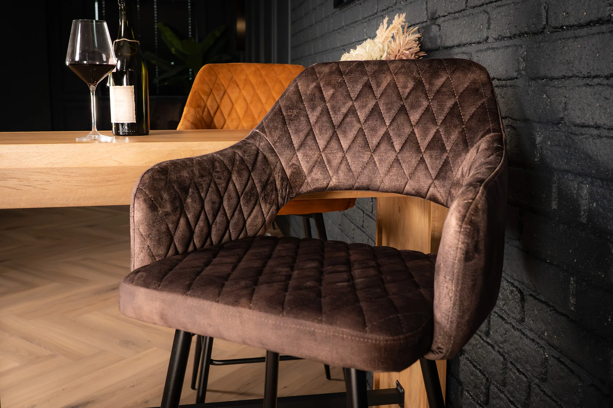 Velvet Bar Stool Grey Brown with Black Legs – Glamour - Image 4