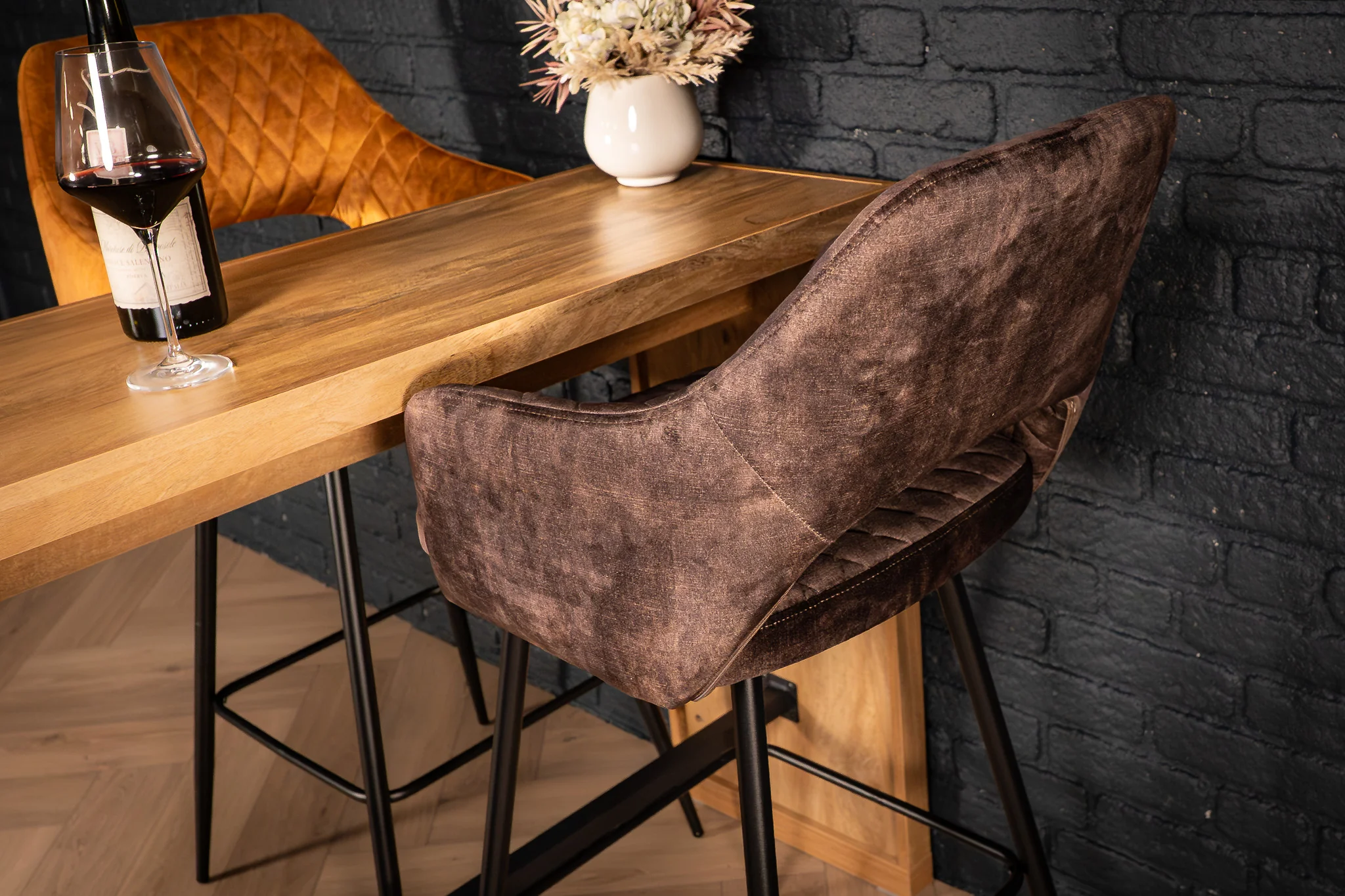 Velvet Bar Stool Grey Brown with Black Legs – Glamour - Image 5