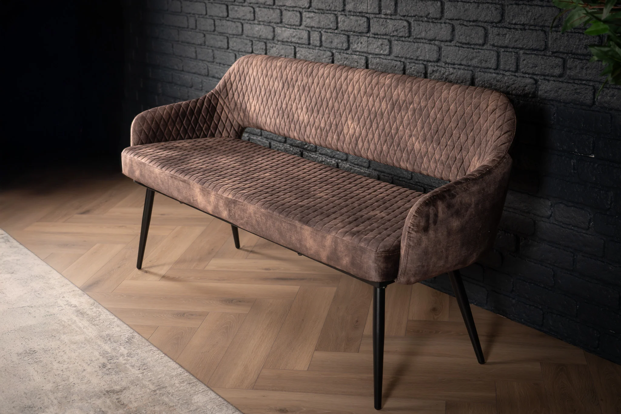 Velvet Bench 160 cm Grey Brown with Black Legs – Glamour - Image 3