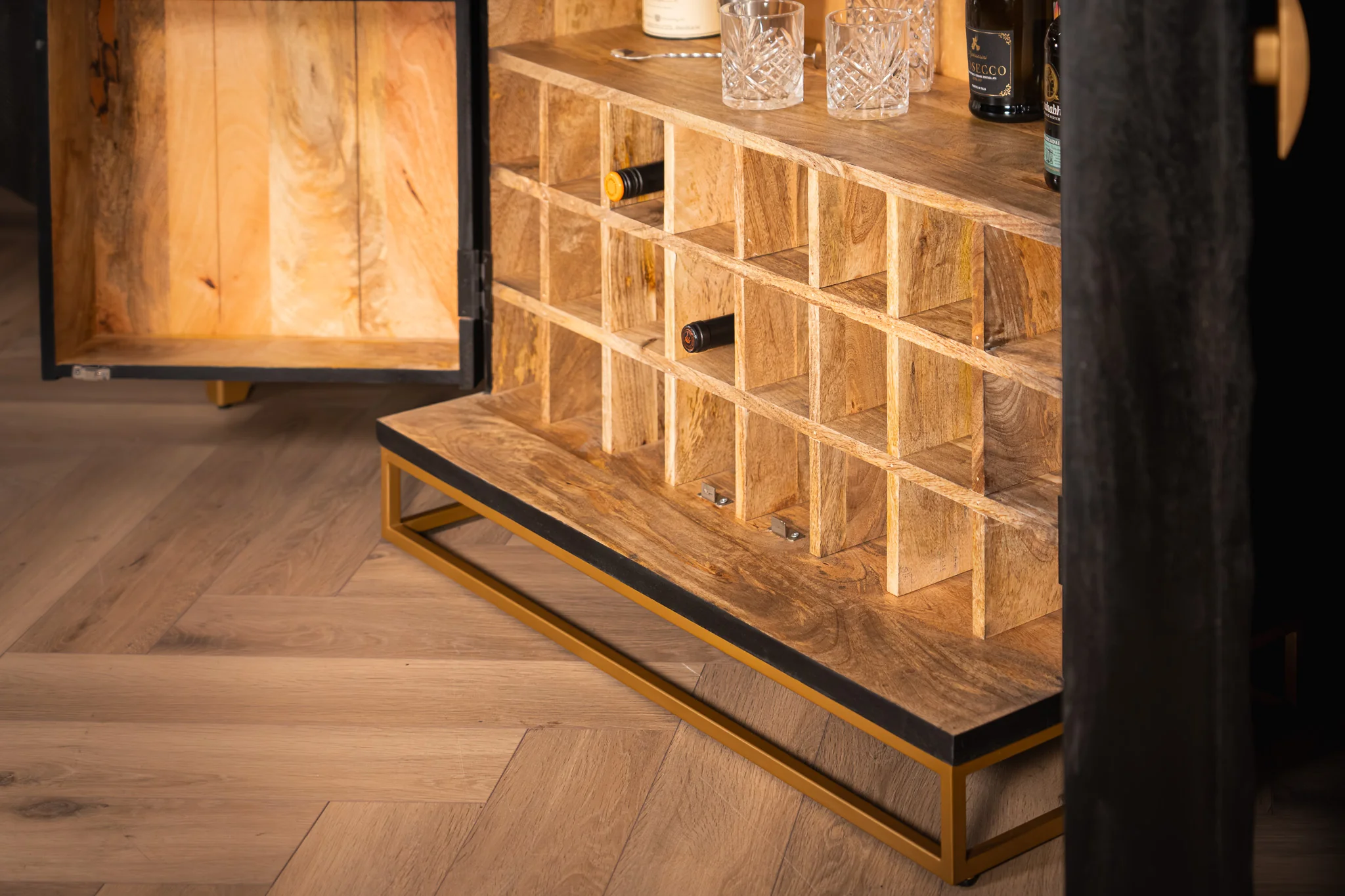 Solid Mango Wood Bar Cabinet Black & Gold 140 cm – Sunset - Image 9