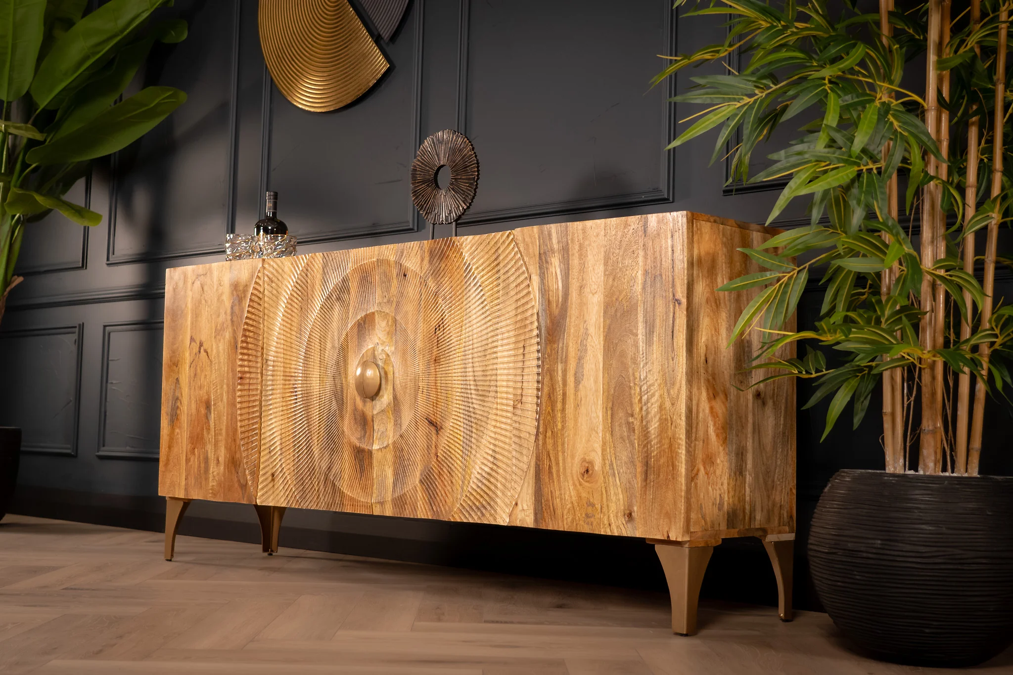 Solid Mango Wood Sideboard Natural Brown 177 cm with Golden Legs – Sunset - Image 3