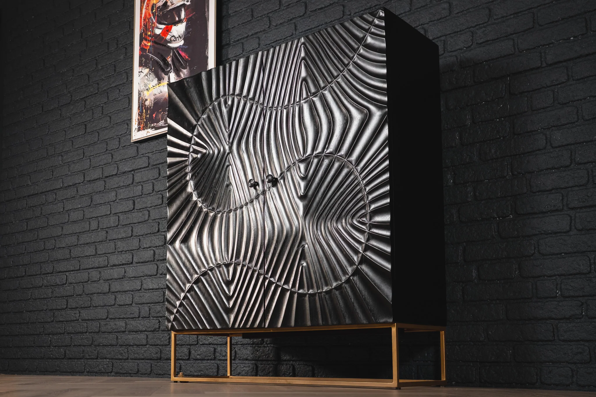 Solid Mango Wood Cabinet Black 120 cm with 3D Carved Front – Scorpion - Image 3