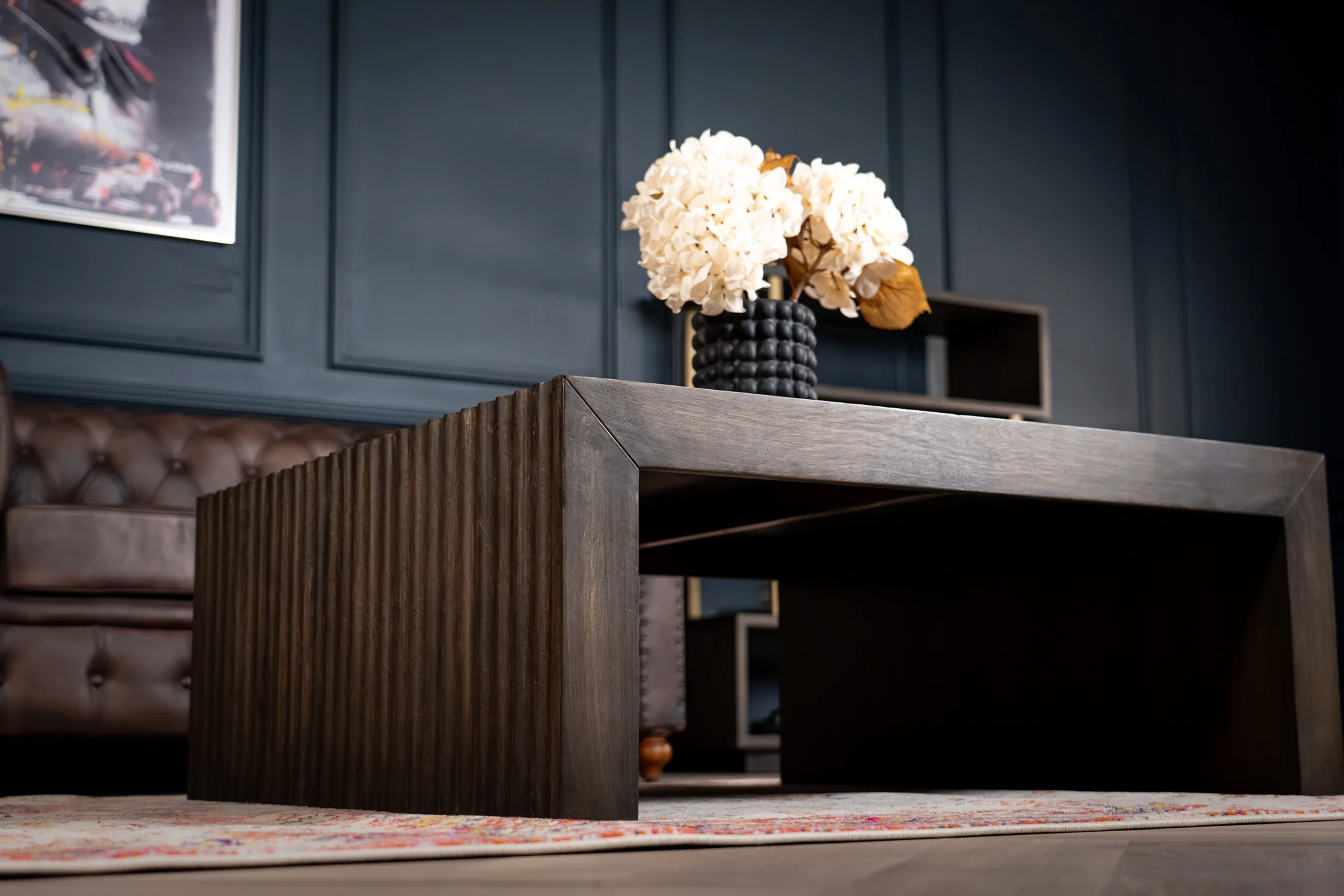 Solid Mango Wood Coffee Table 100 cm – Louvre Fluted Front Grey Brown - Image 3