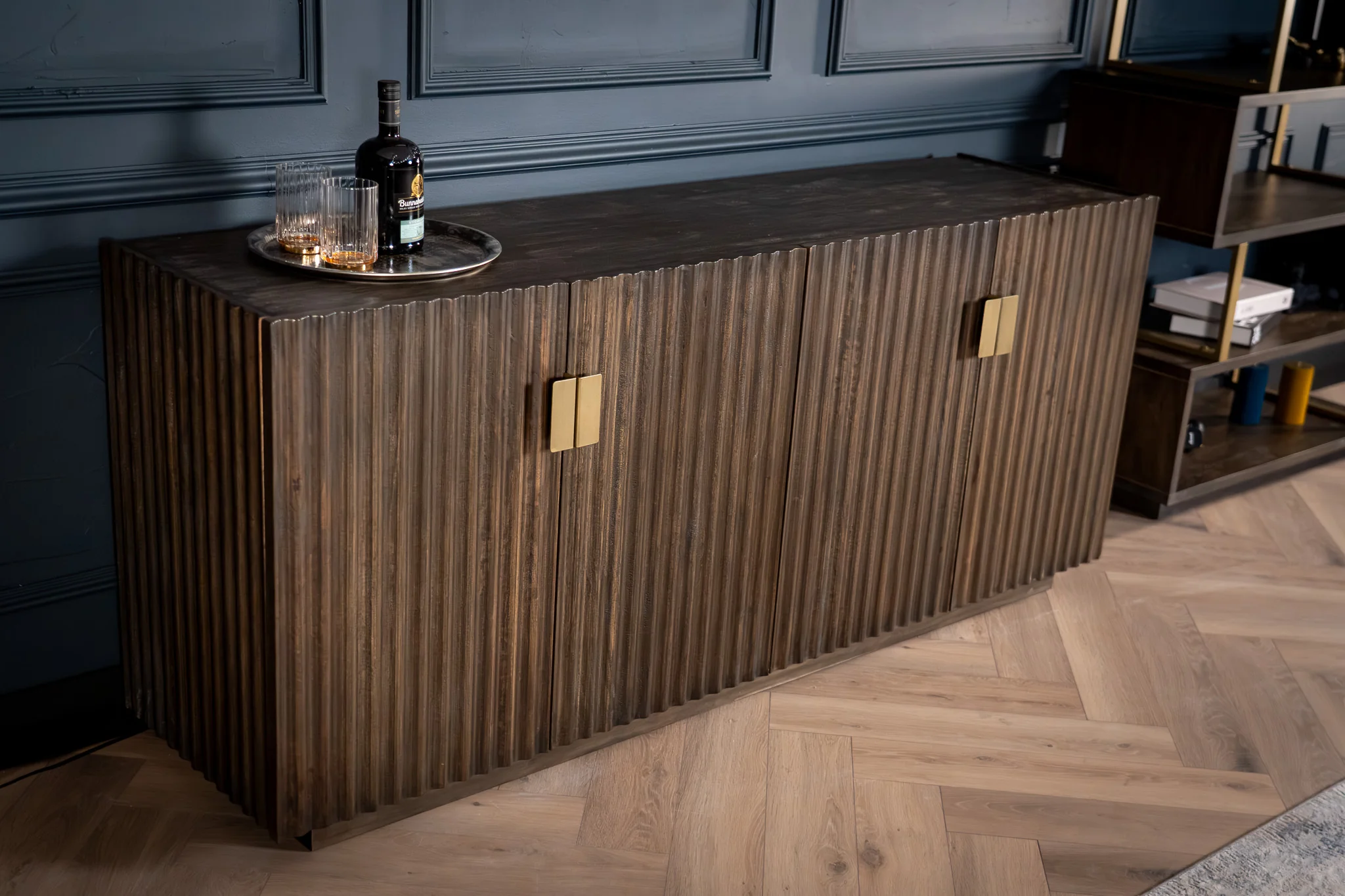Solid Mango Wood Sideboard 180 cm – Louvre Fluted Front Grey Brown - Image 3