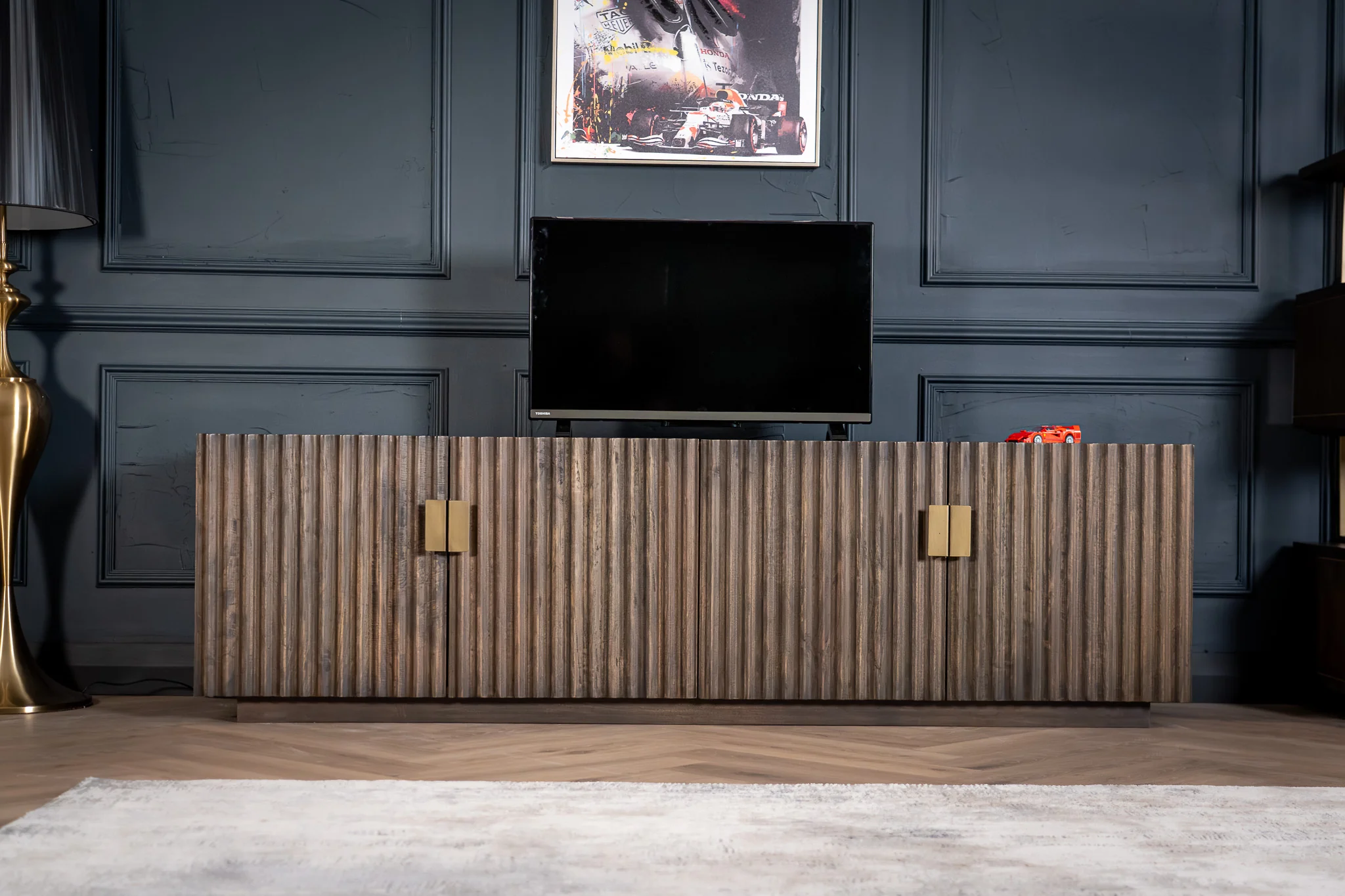 Solid Mango Wood TV unit 180 cm – Louvre Fluted Front Grey Brown - Image 3