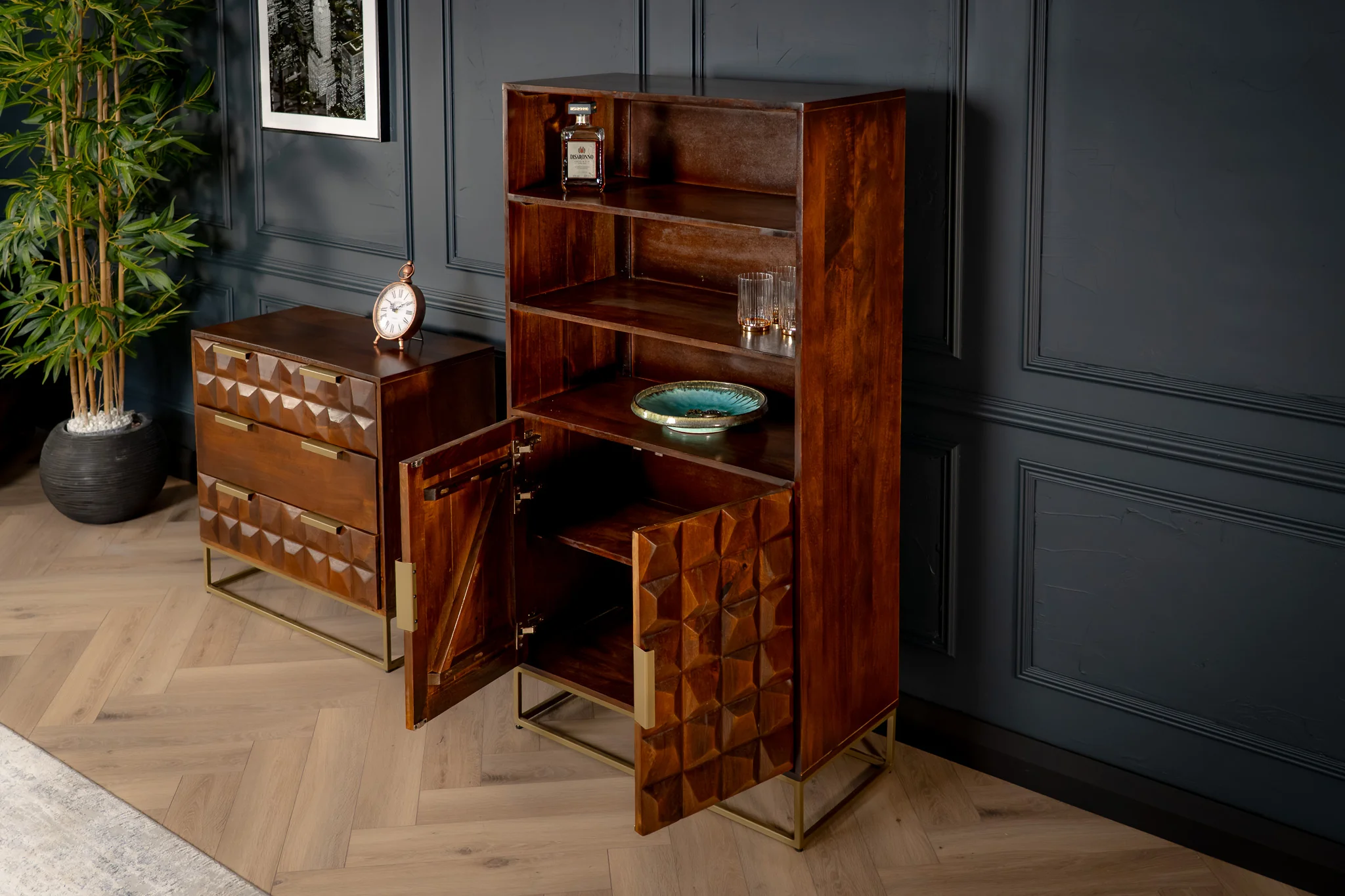 Solid Mango Wood Bar Cabinet Dark Brown with Gold Base 155 cm - Memento - Image 6
