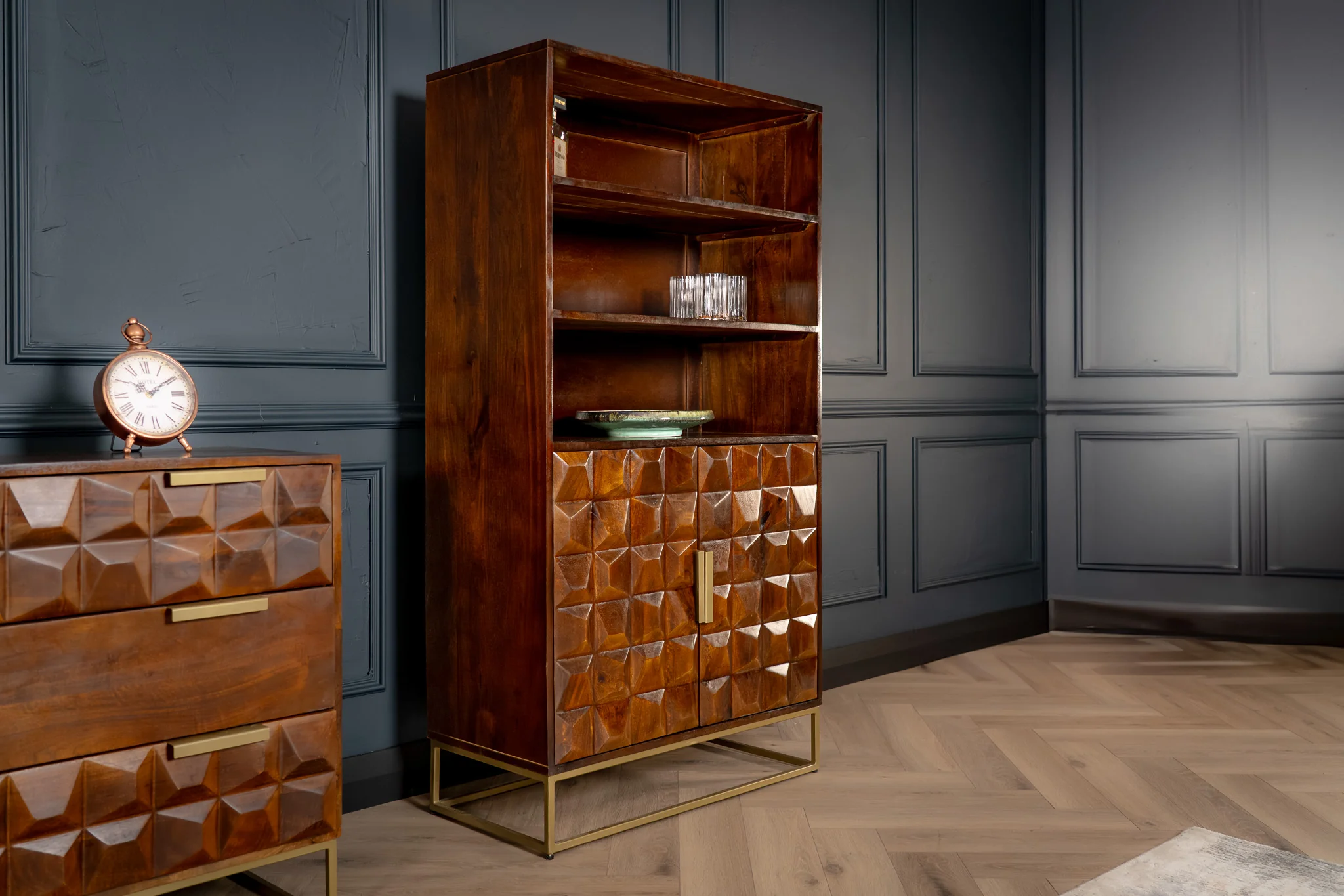 Solid Mango Wood Bar Cabinet Dark Brown with Gold Base 155 cm - Memento - Image 7