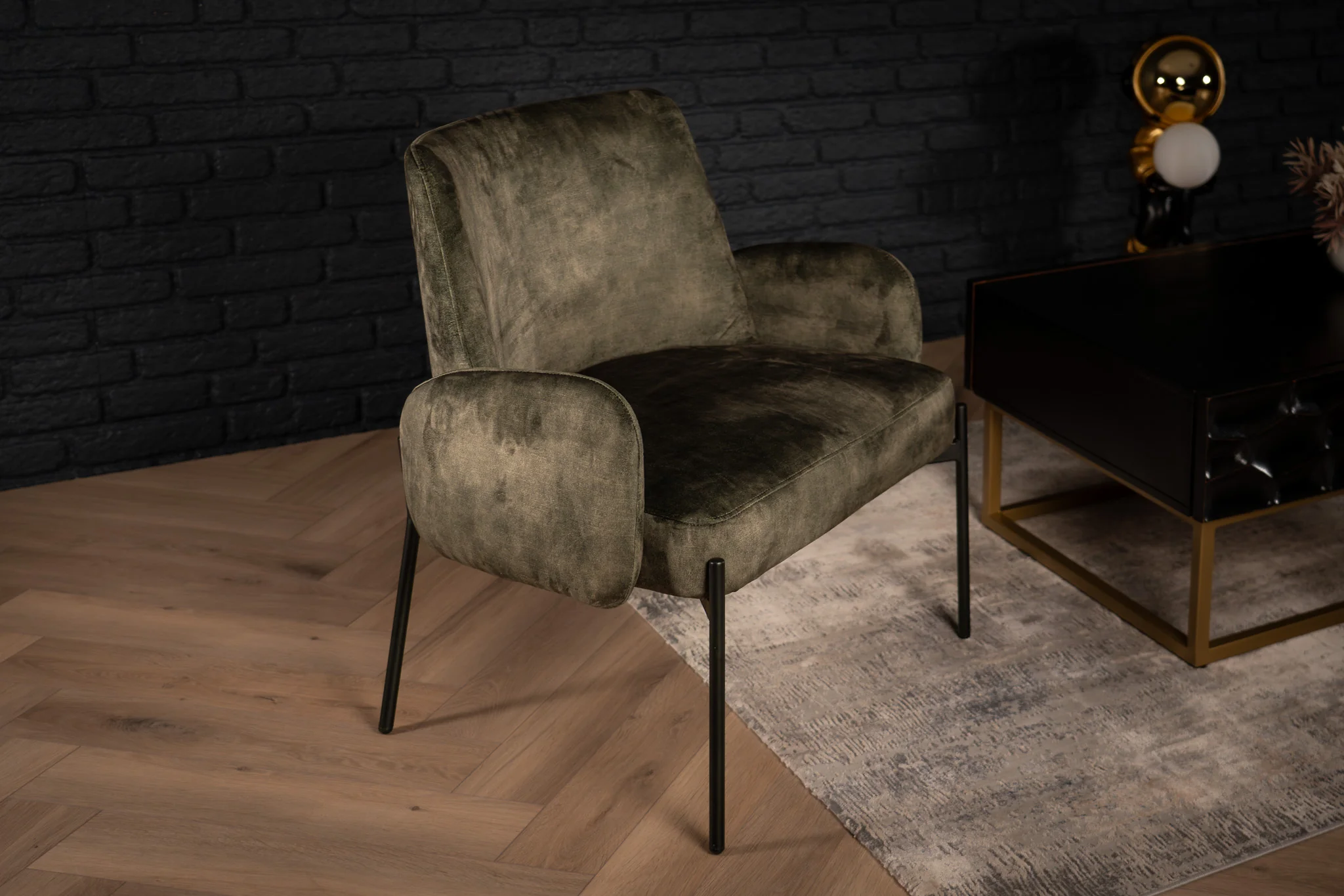 Velvet Lounge Chair Grey Green with Black Legs – Milo