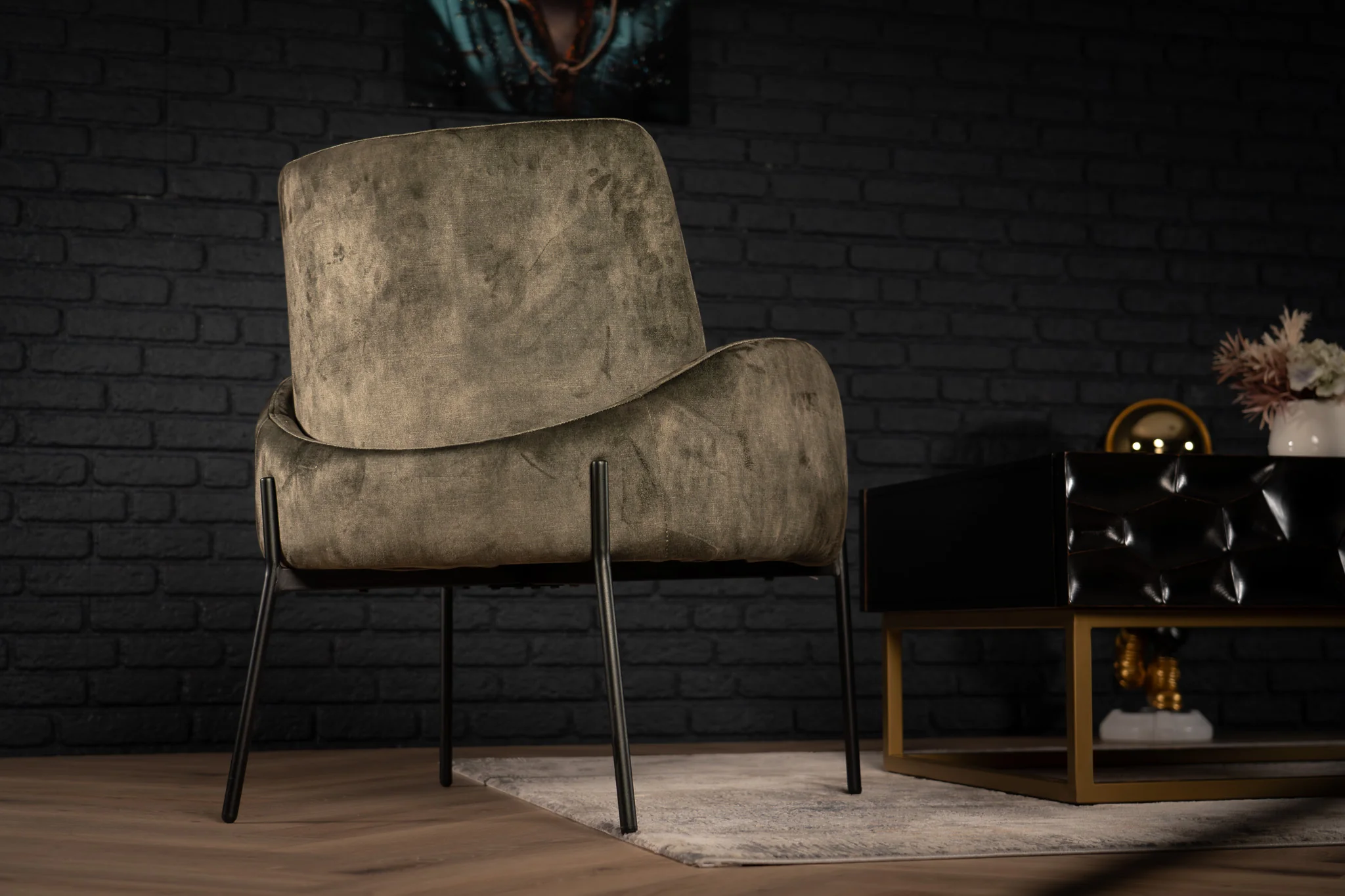 Velvet Lounge Chair Grey Green with Black Legs – Milo - Image 3