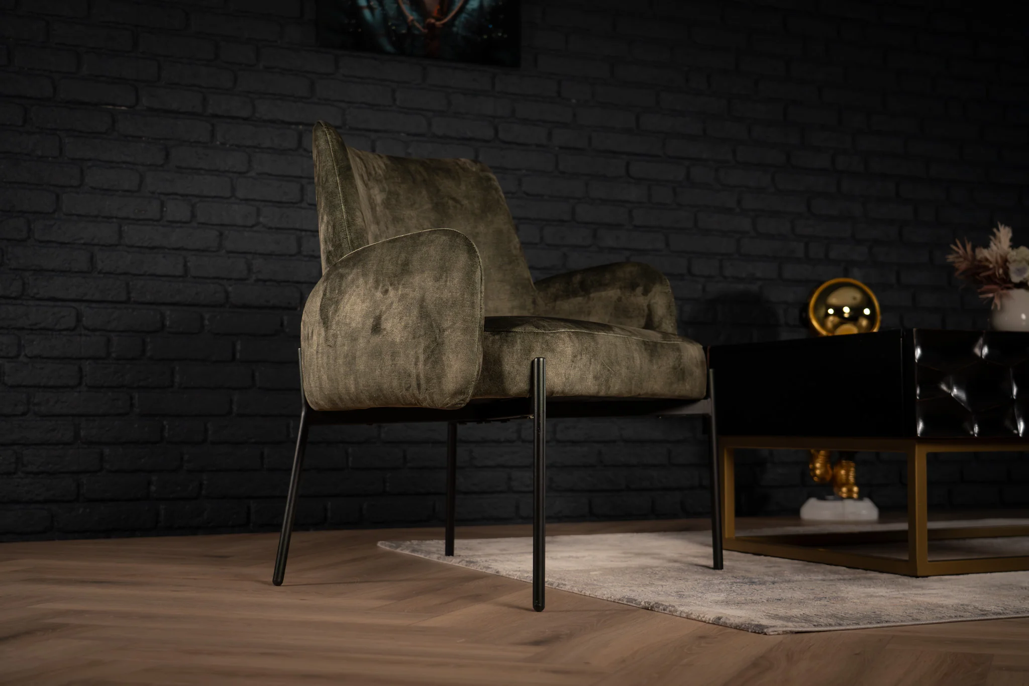 Velvet Lounge Chair Grey Green with Black Legs – Milo - Image 4