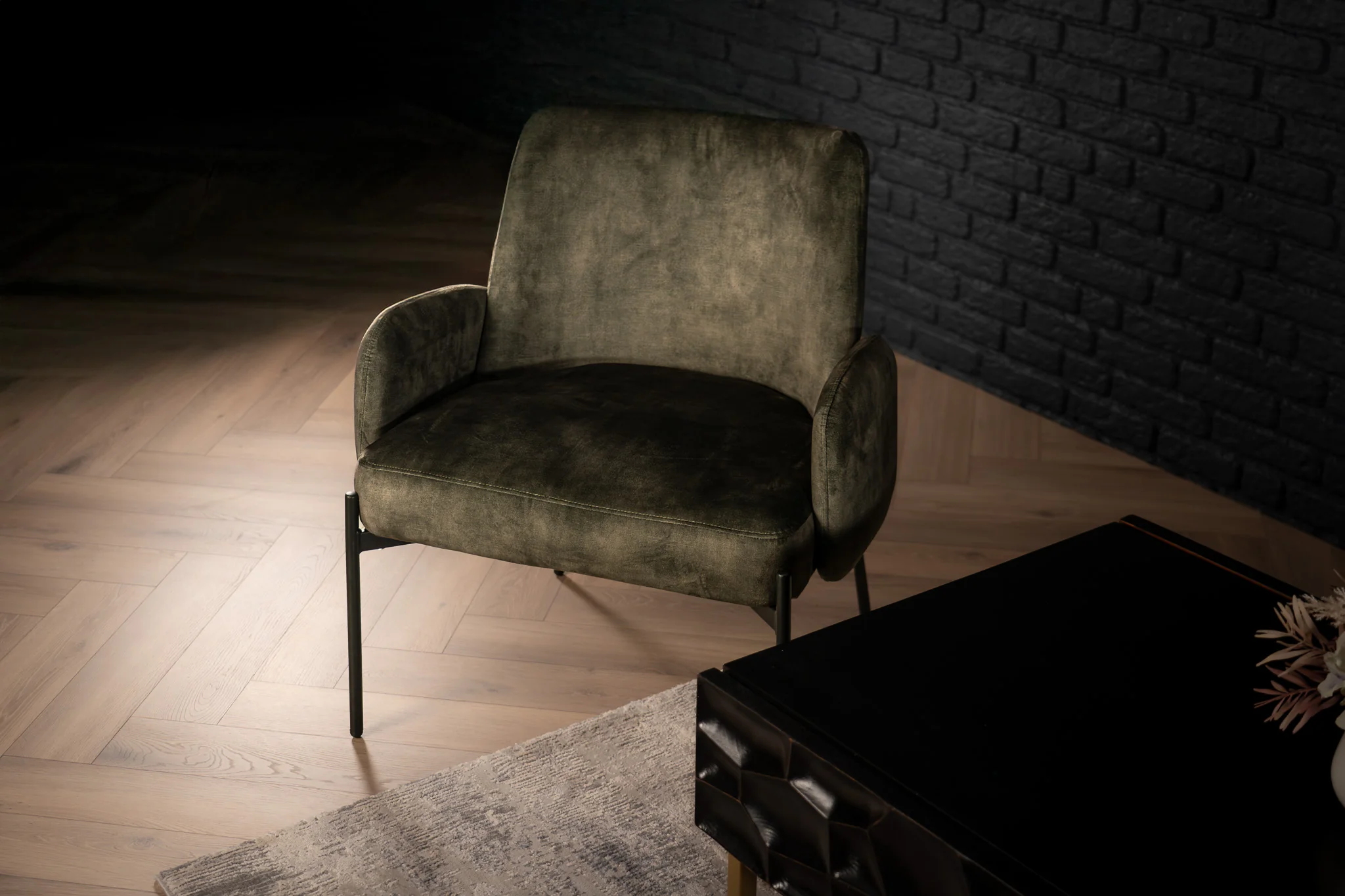 Velvet Lounge Chair Grey Green with Black Legs – Milo - Image 5