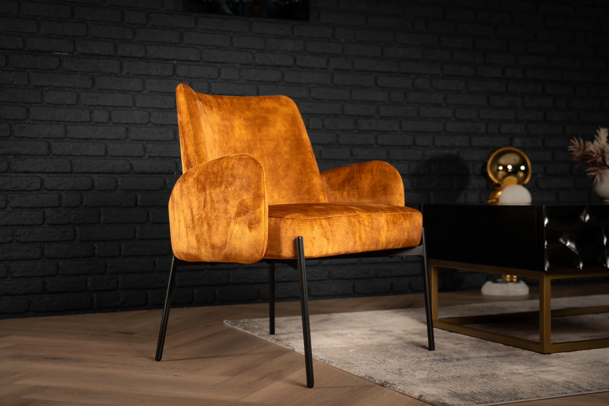 Velvet Lounge Chair Mustard Yellow with Black Legs – Milo