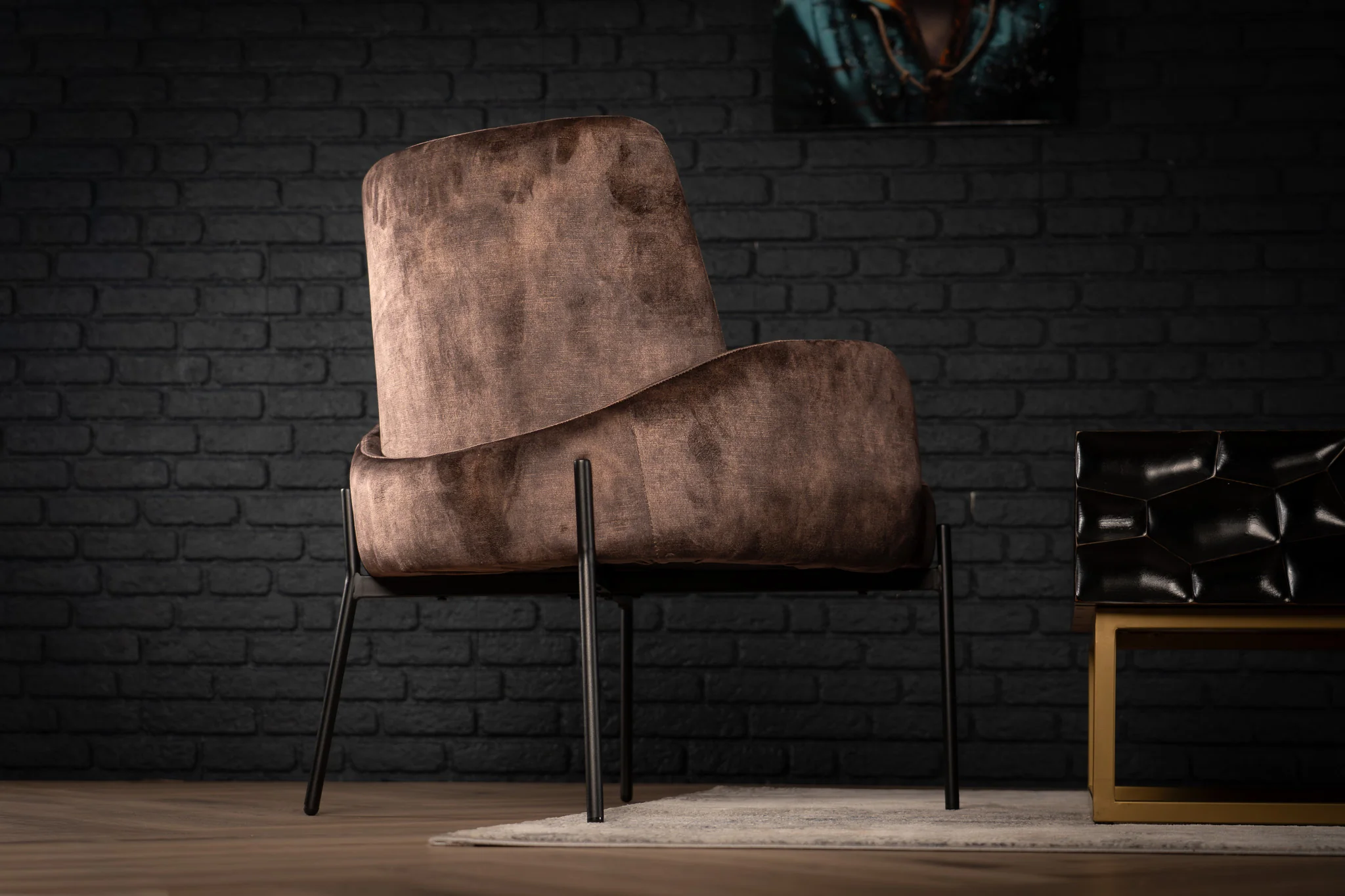 Velvet Lounge Chair Grey Brown with Black Legs – Milo - Image 4