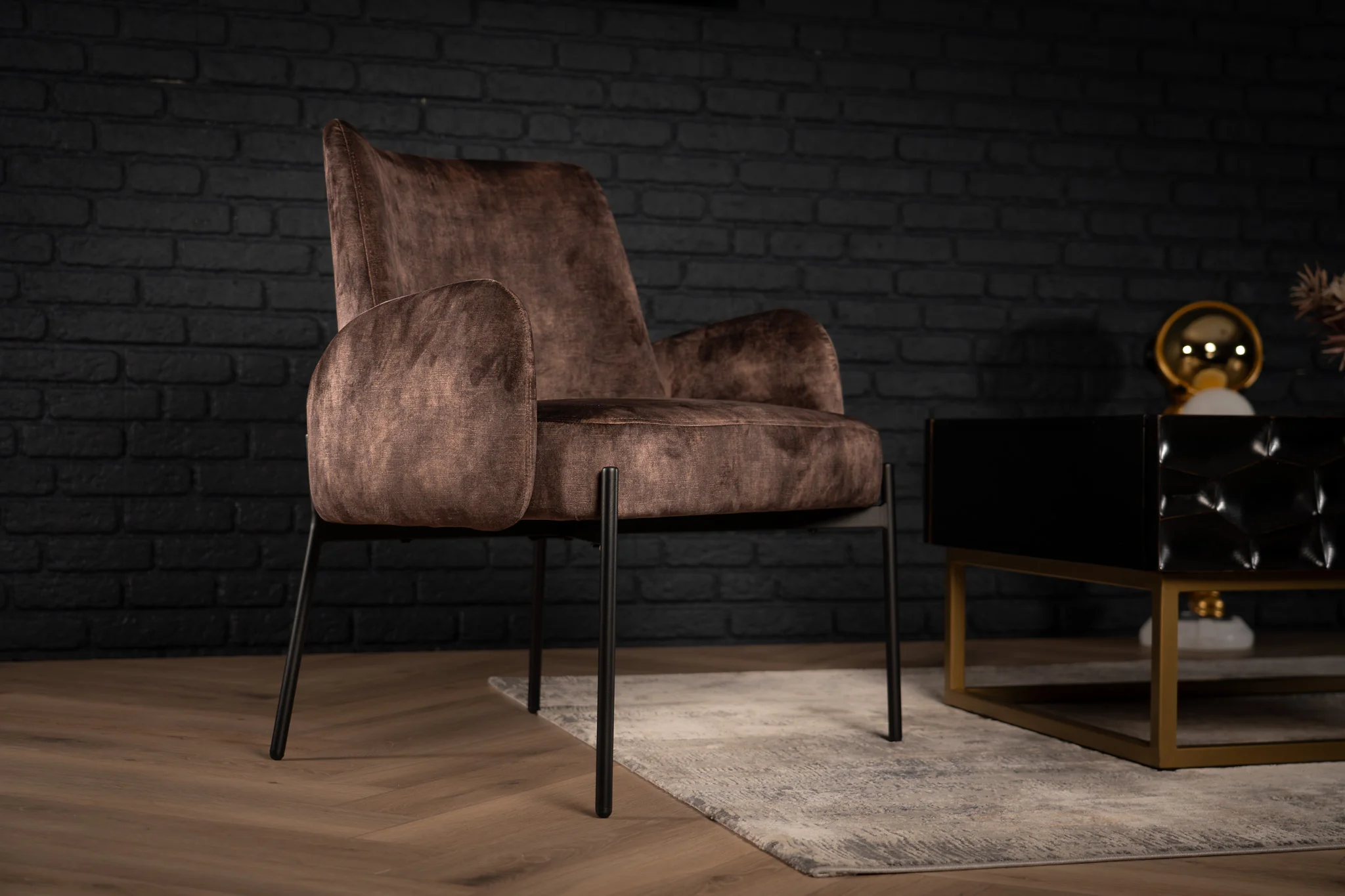 Velvet Lounge Chair Grey Brown with Black Legs – Milo - Image 5