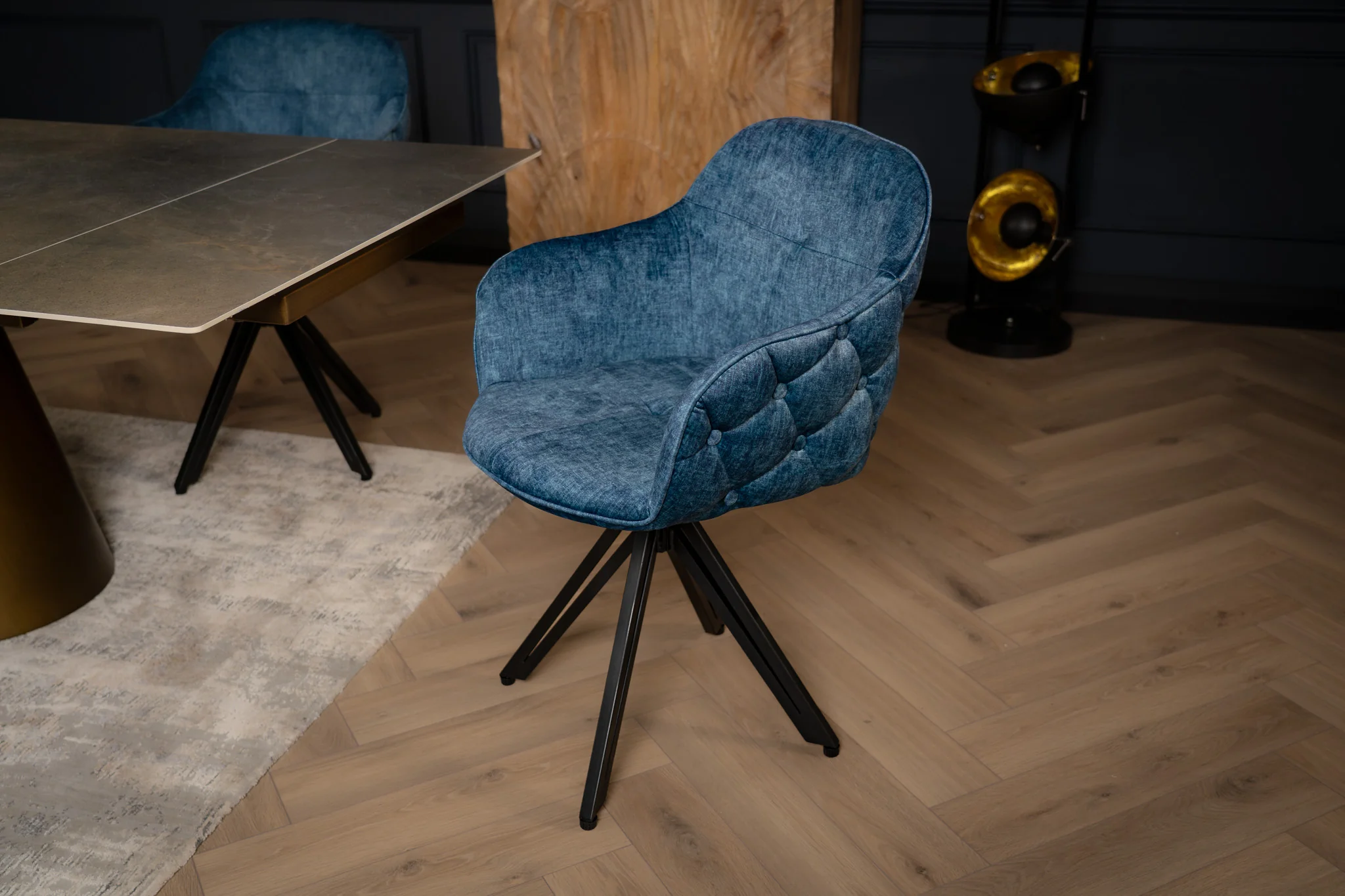 Modern Baroque Rotatable Design Blue Velvet Retro Style Chair with Chesterfield Design Stitching - Image 6
