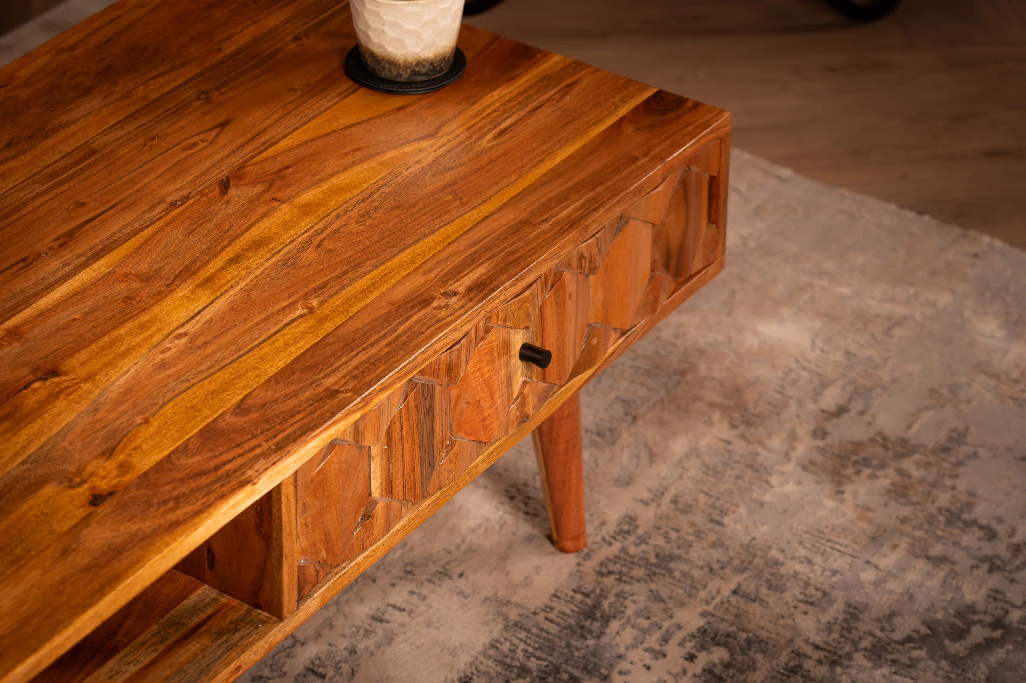 Solid Acacia Wood Coffee Table with Drawers 100 cm – Hive Natural Brown - Image 4