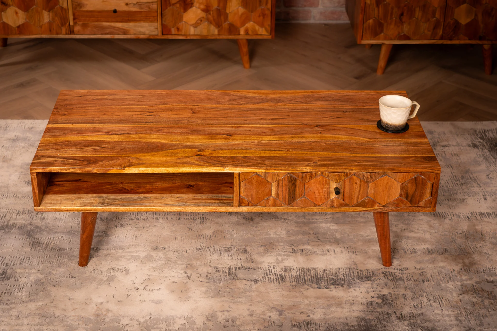 Solid Acacia Wood Coffee Table with Drawers 100 cm – Hive Natural Brown - Image 5