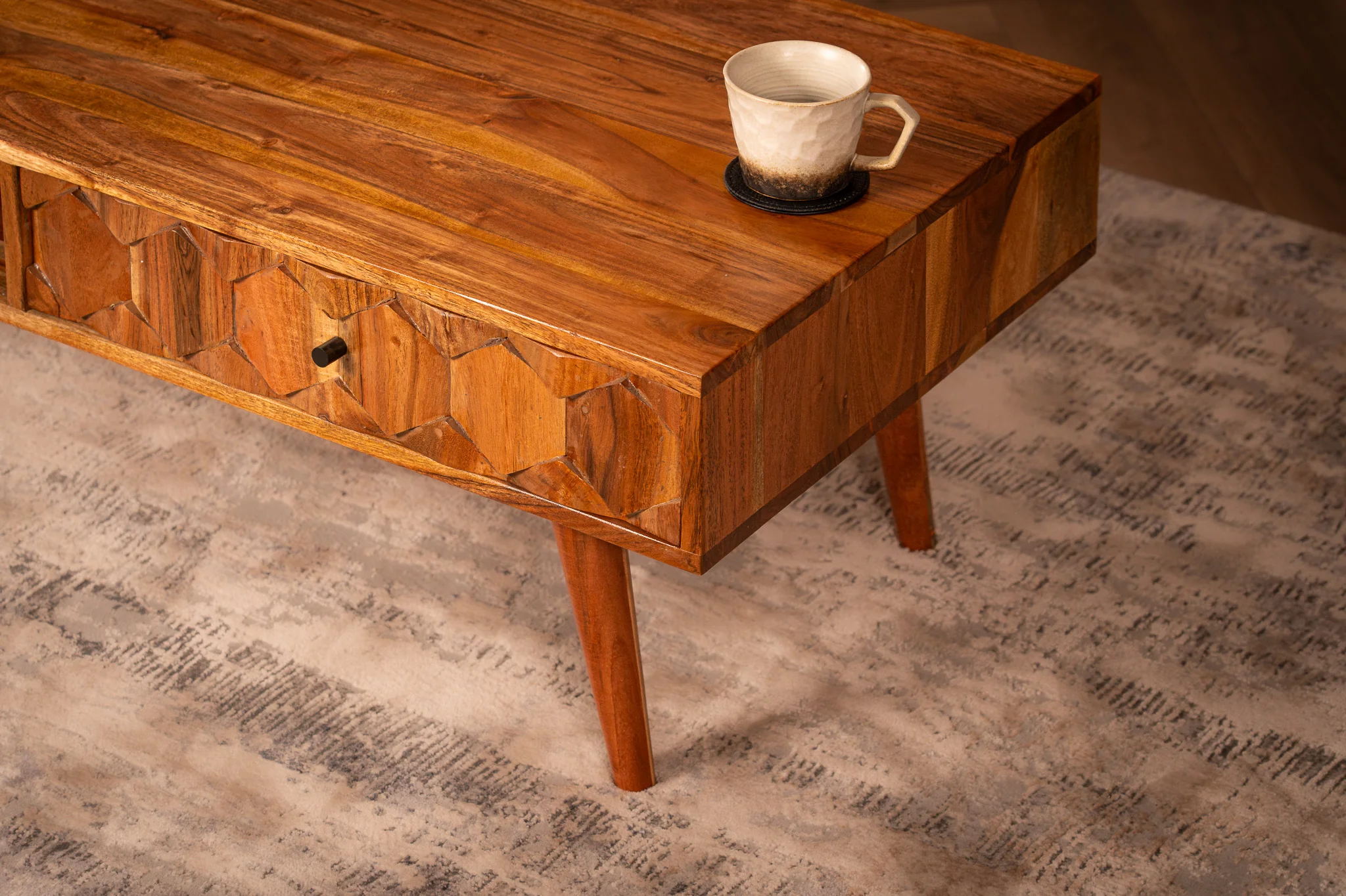 Solid Acacia Wood Coffee Table with Drawers 100 cm – Hive Natural Brown - Image 6