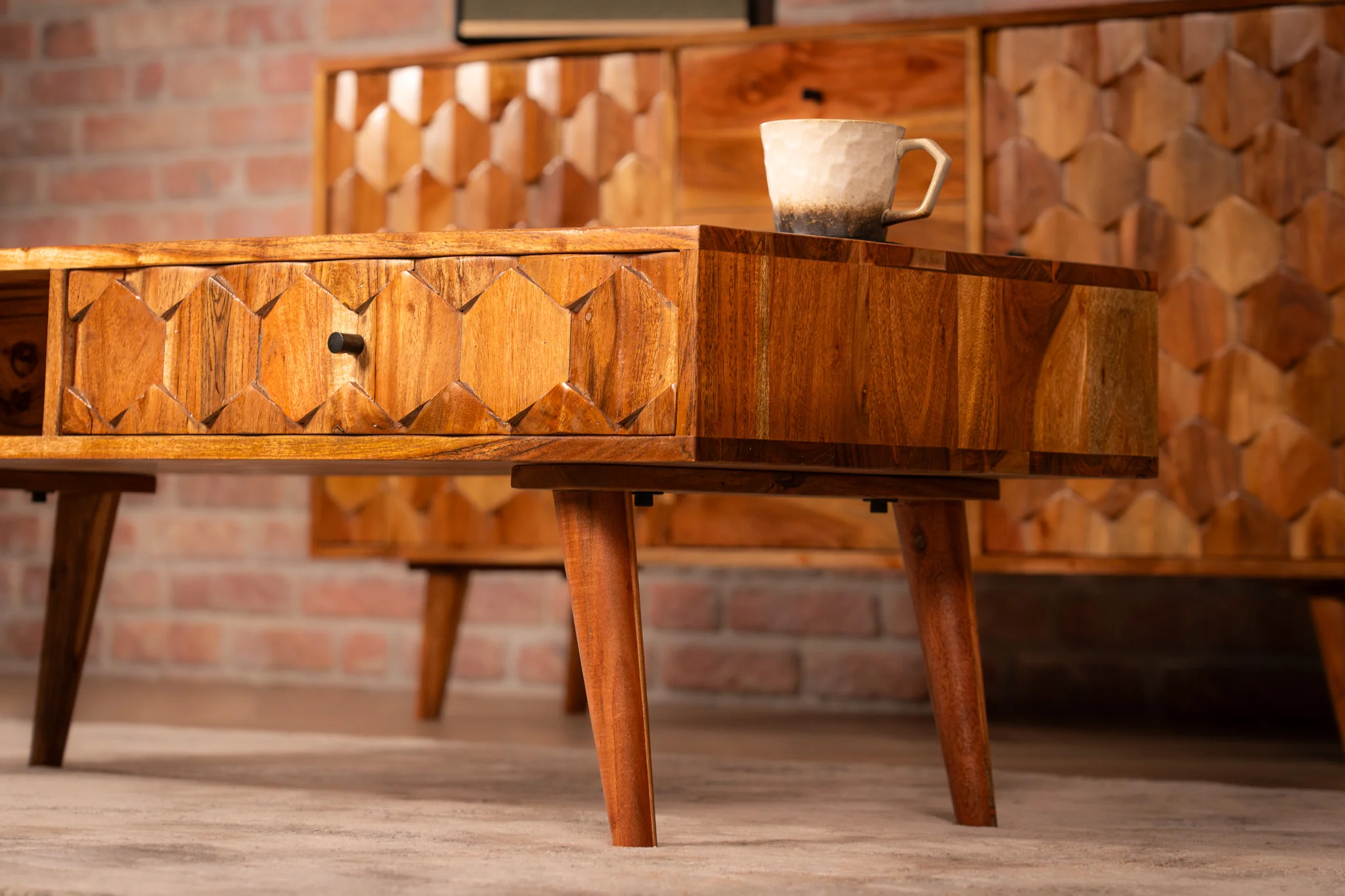 Solid Acacia Wood Coffee Table with Drawers 100 cm – Hive Natural Brown - Image 7