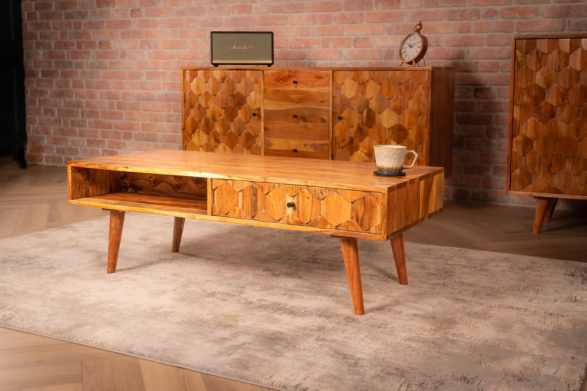 Solid Acacia Wood Coffee Table with Drawers 100 cm – Hive Natural Brown - Image 8