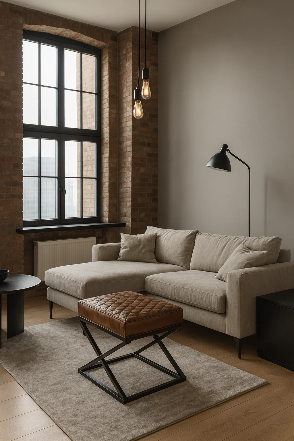 Oslo X Genuine Leather Footstool in Antique Brown with Black Geometric Metal Frame - Image 2