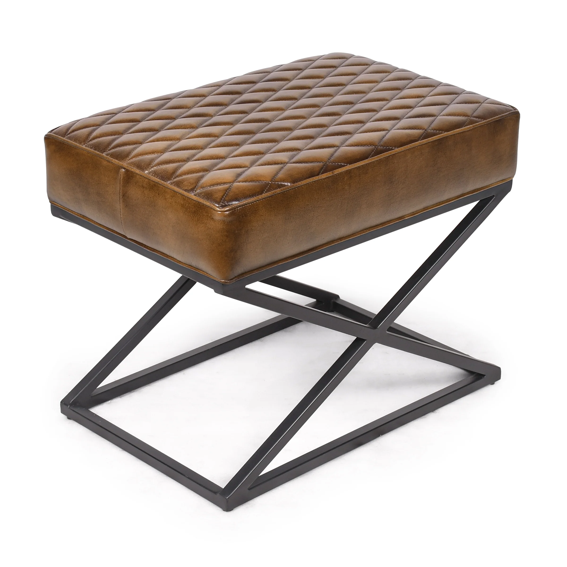 Oslo X Genuine Leather Footstool in Antique Brown with Black Geometric Metal Frame - Image 3