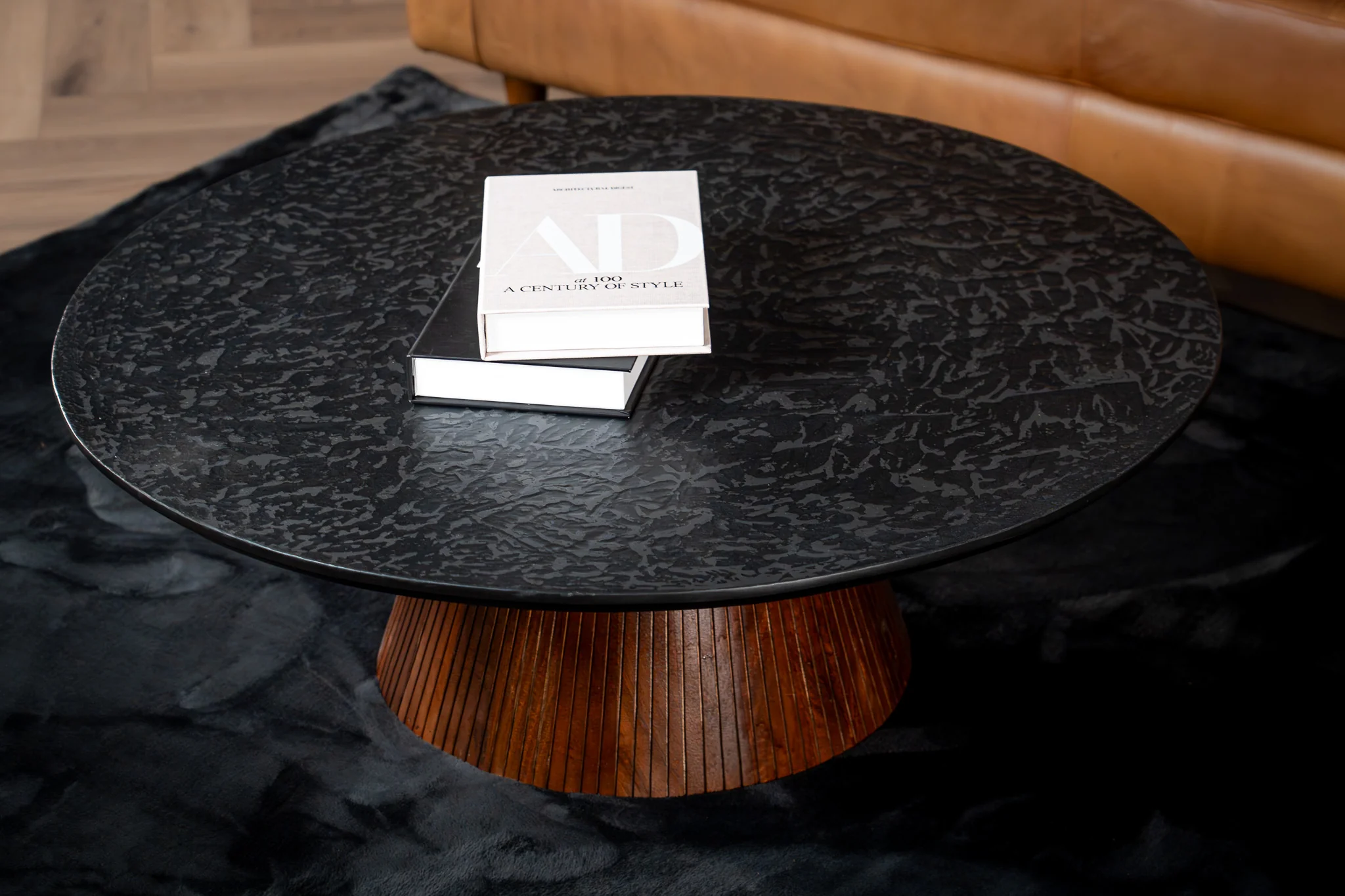 Solid Mango Wood Coffee Table Black Mosaic Top 100 cm – Portofino Fluted Base - Image 3