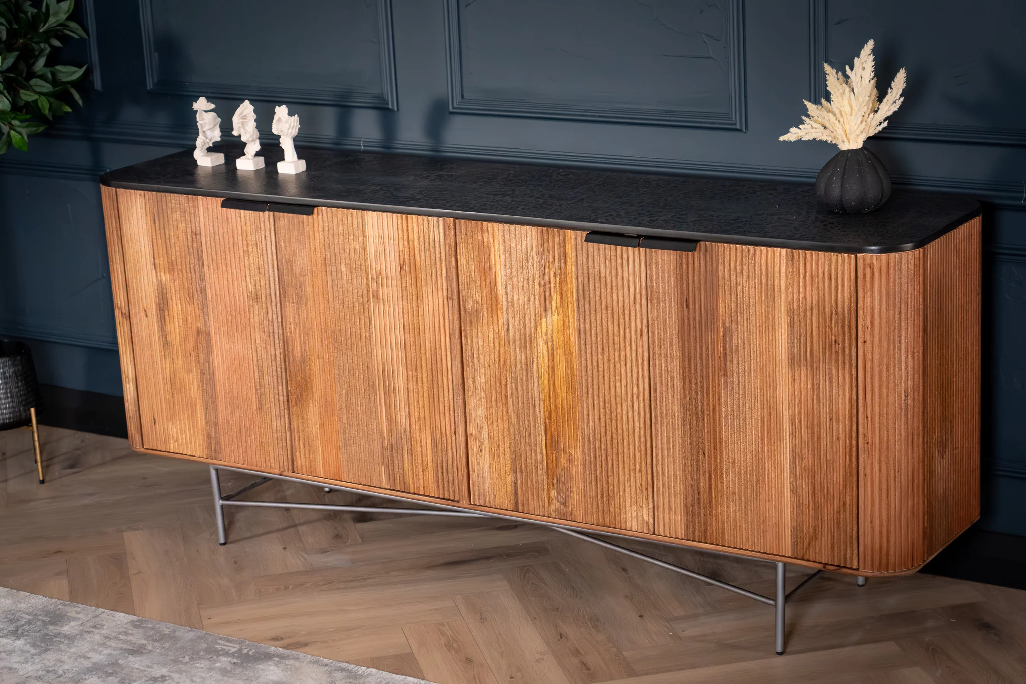 Solid Mango Wood Sideboard Black Mosaic Top 201 cm – Portofino Fluted Body - Image 3