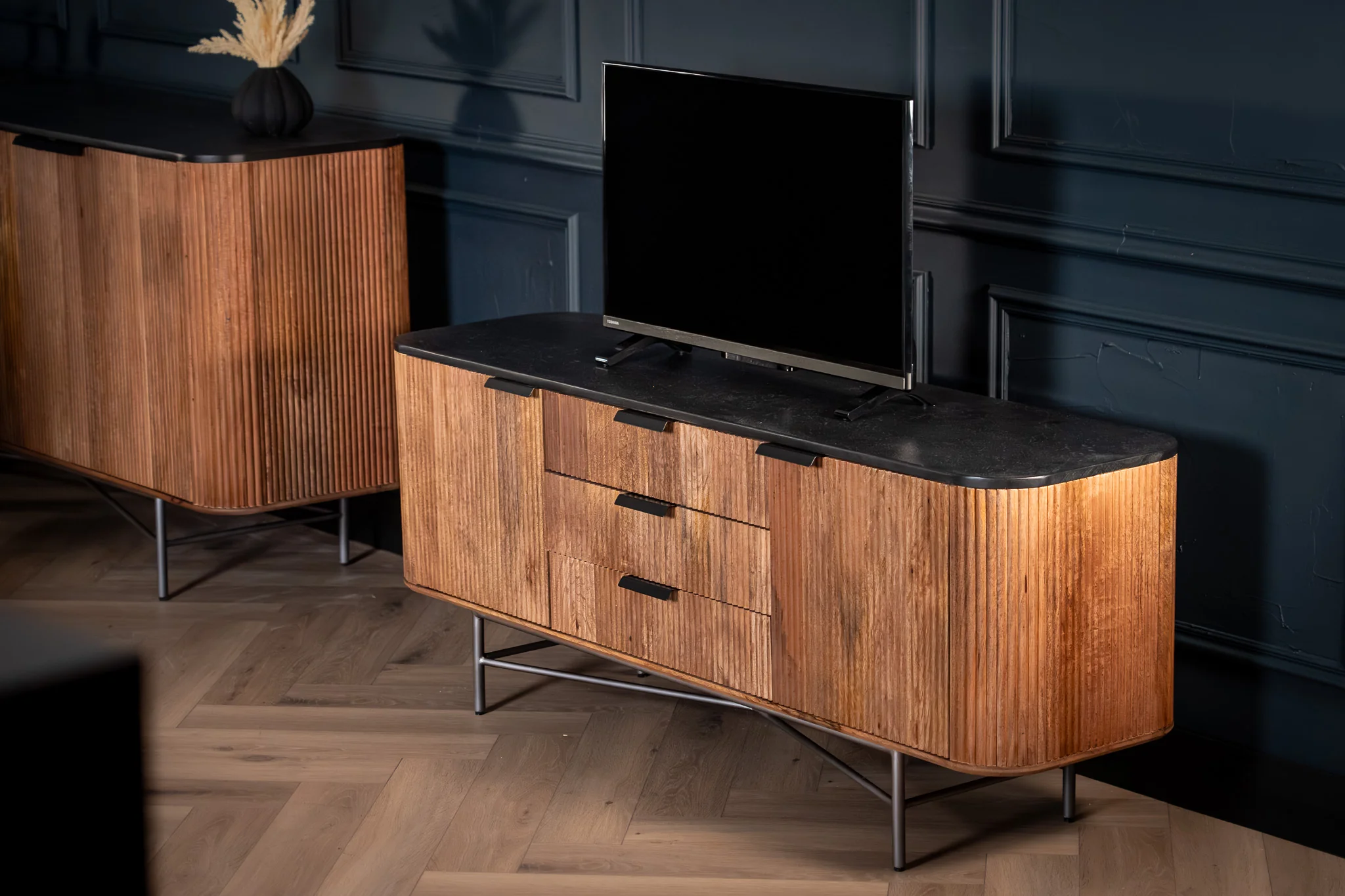 Solid Mango Wood TV unit Black Mosaic Top 150 cm – Portofino Fluted Body - Image 3