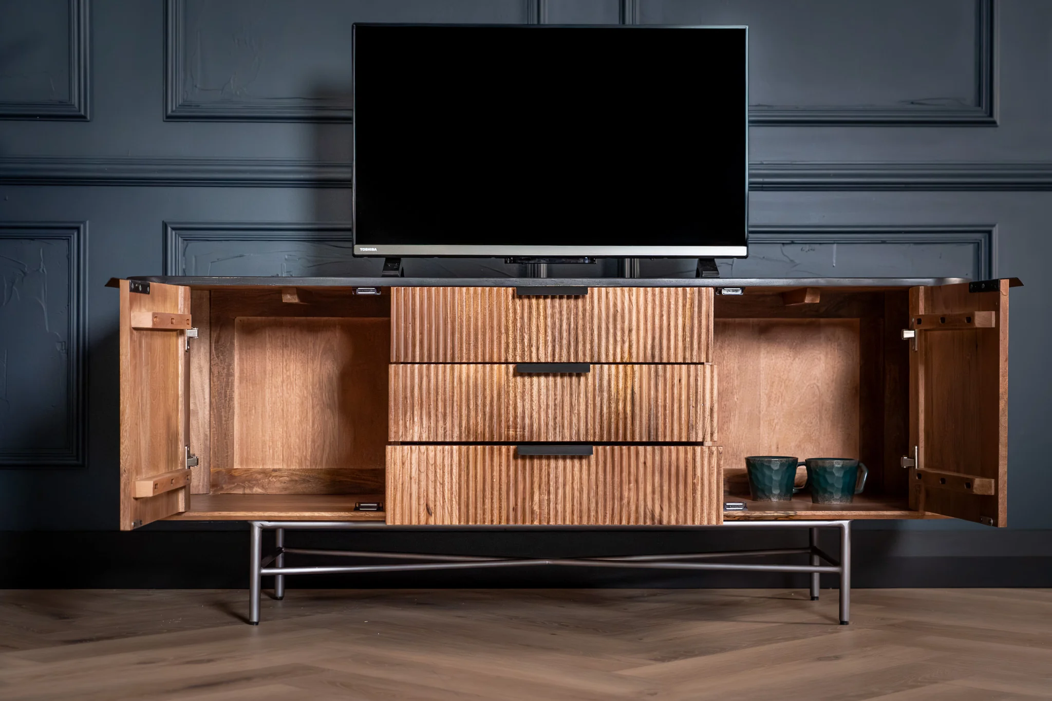 Solid Mango Wood TV unit Black Mosaic Top 150 cm – Portofino Fluted Body - Image 4