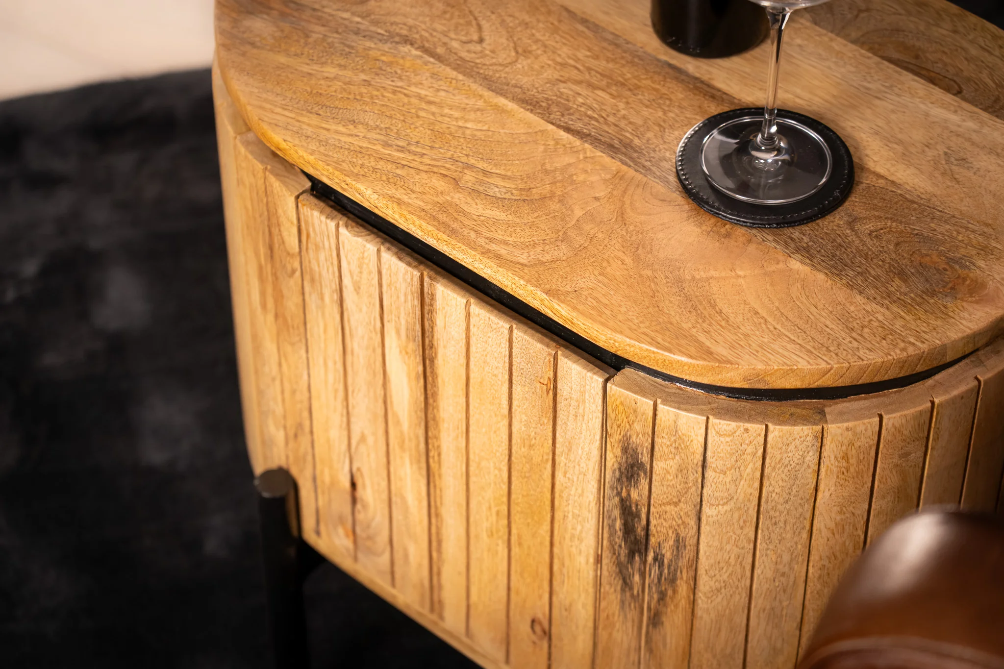 Solid Mango Wood Bedside Table Natural Brown with Fluted Front 55 cm – Reno - Image 3