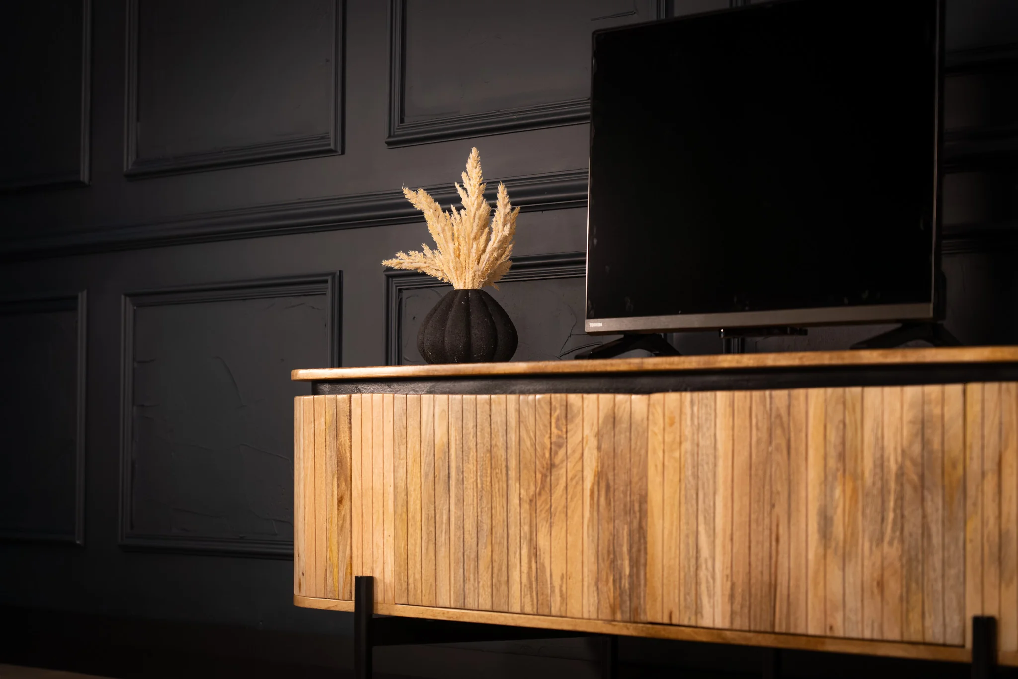 Solid Mango Wood TV Unit Natural Brown with Fluted Front 200 cm – Reno - Image 3