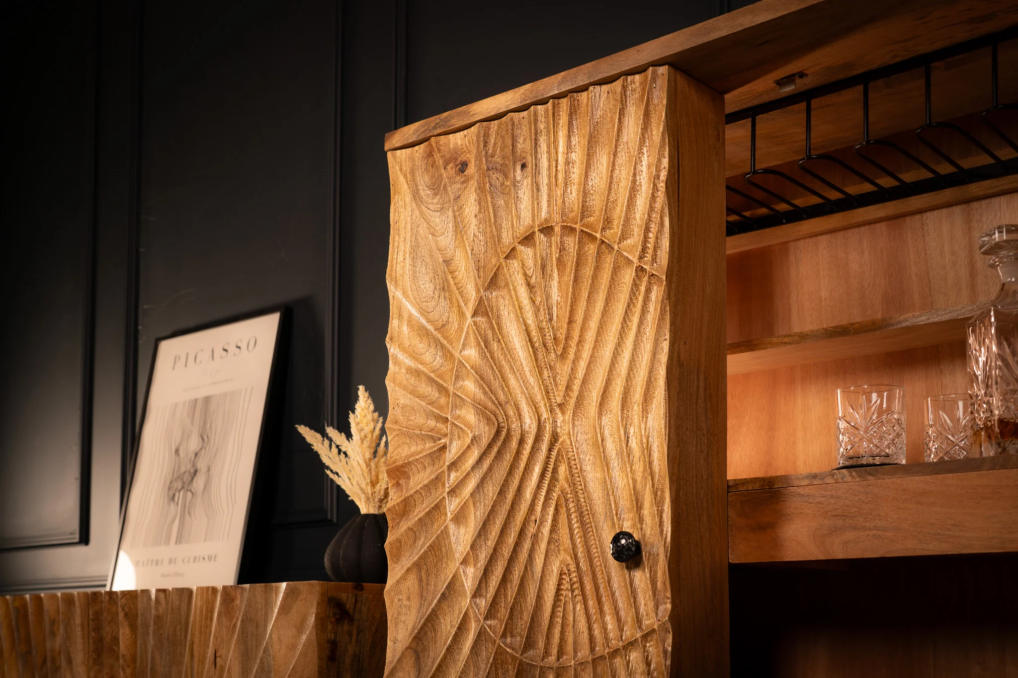 Solid Mango Wood Bar Cabinet 141 cm with 3D Carved Front in Natural Brown – Scorpion - Image 10